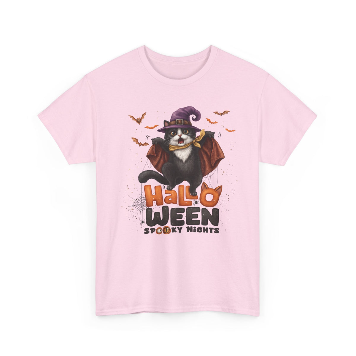 Halloween Spooky Nights Tuxedo Cat T-Shirt — Cute Flying Witch Cat Tee