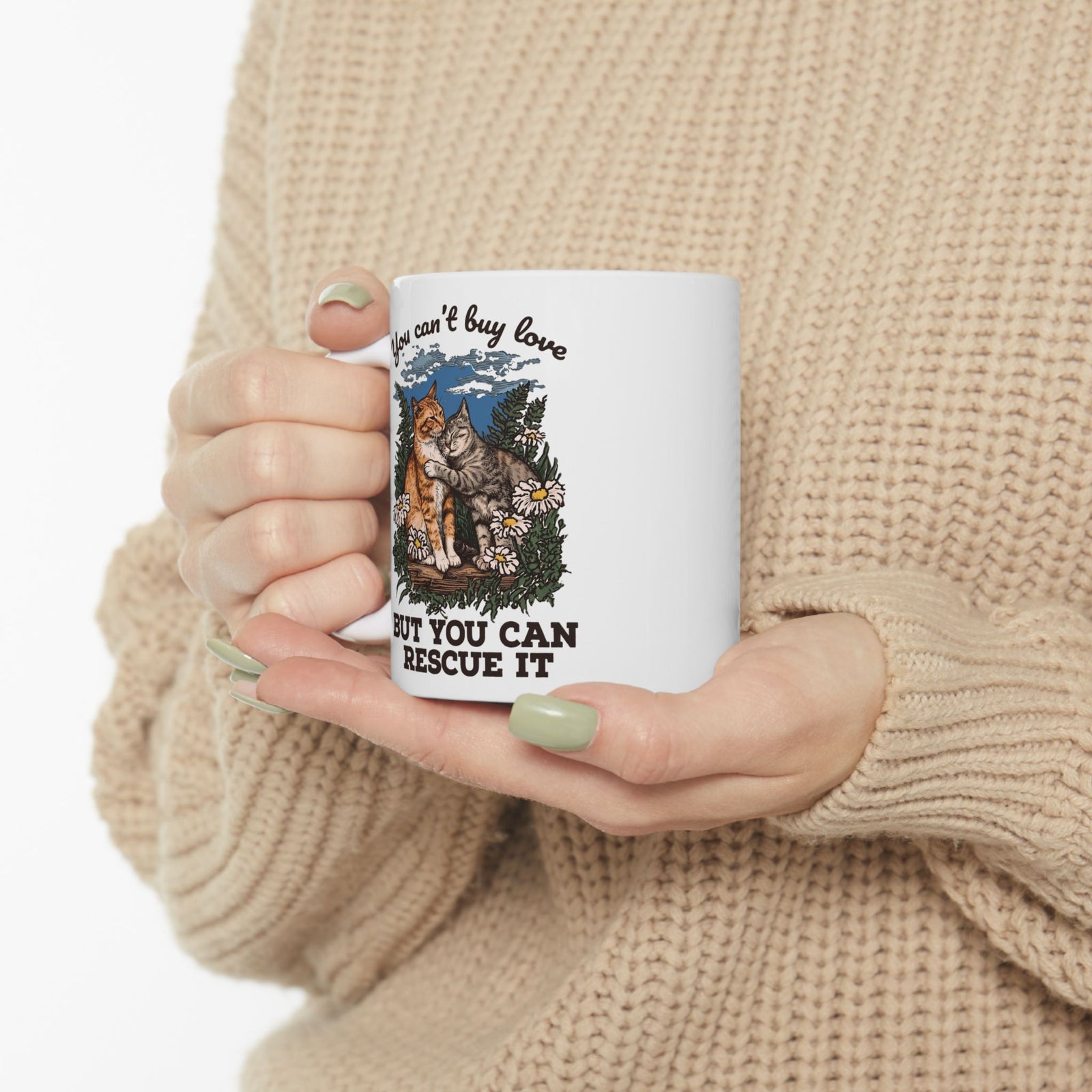You Can't Buy Love Ceramic Mug — Sweet Rescue Cats Adoption Graphic Mug
