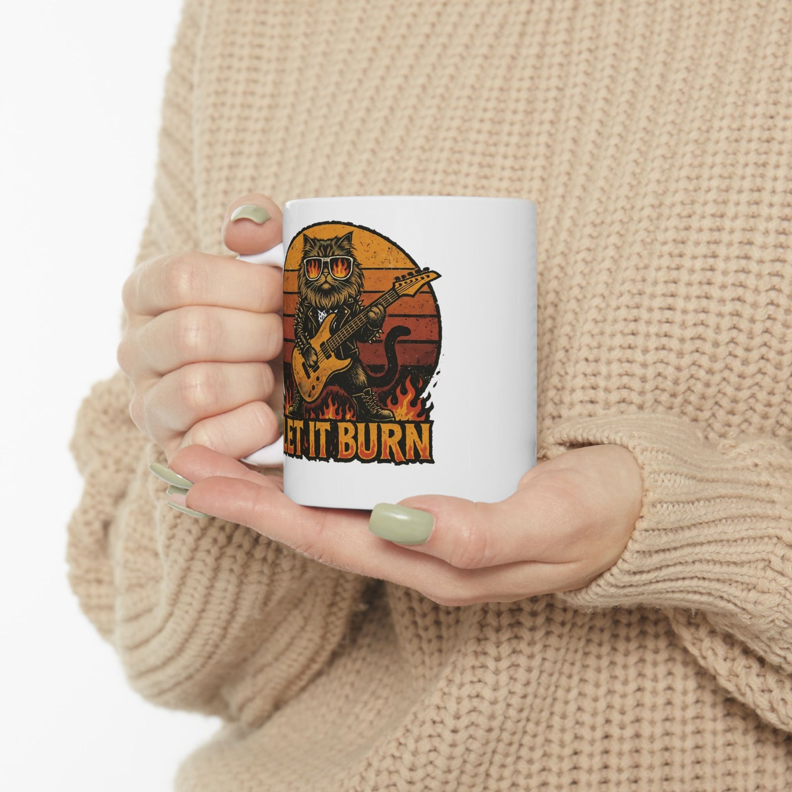 Let It Burn Rocker Cat Ceramic Mug — Heavy Metal Guitar Feline Graphic