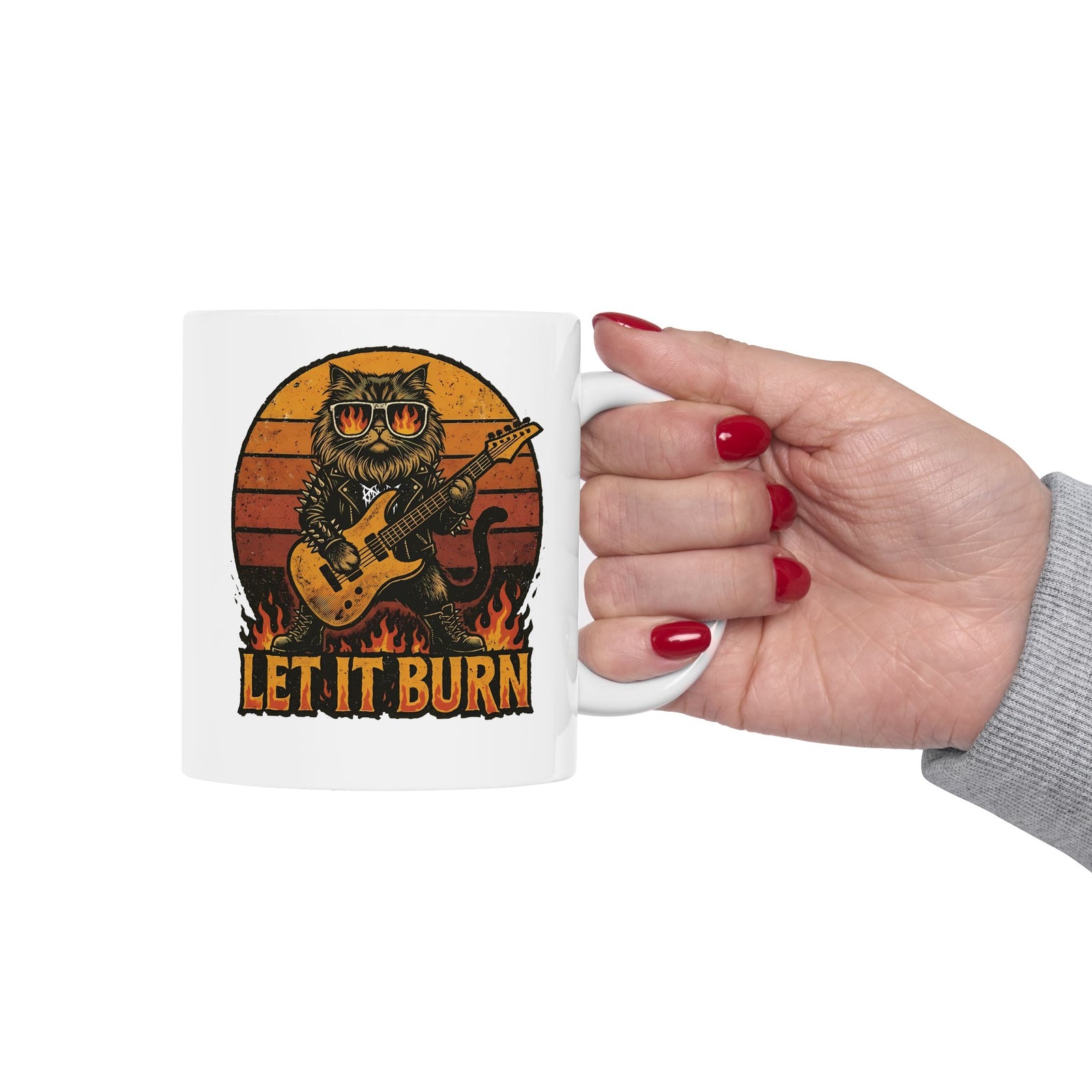 Let It Burn Rocker Cat Ceramic Mug — Heavy Metal Guitar Feline Graphic