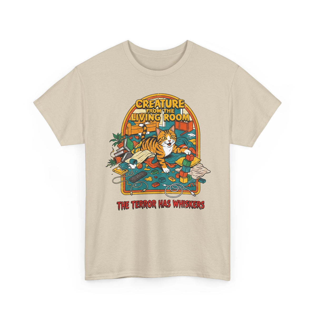 Cozy Living Room Cat Tee — Retro Sunlit Illustration Graphic Shirt