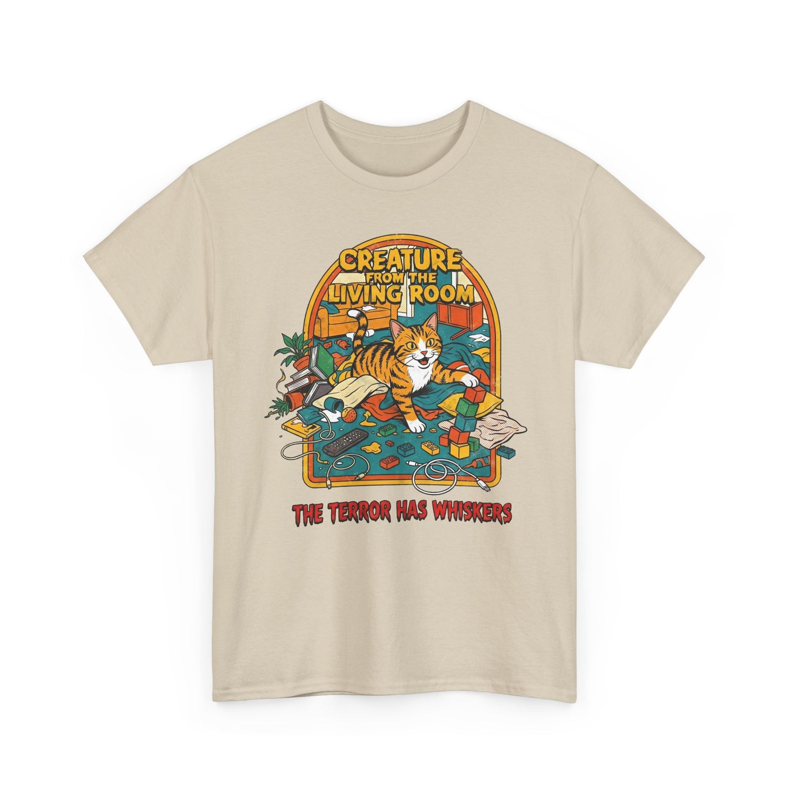 Cozy Living Room Cat Tee — Retro Sunlit Illustration Graphic Shirt