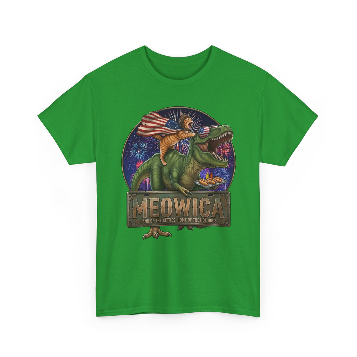 4th of July Cat Riding T‑Rex T‑Shirt "Meowica: Land of the Kitties" Patriotic Graphic