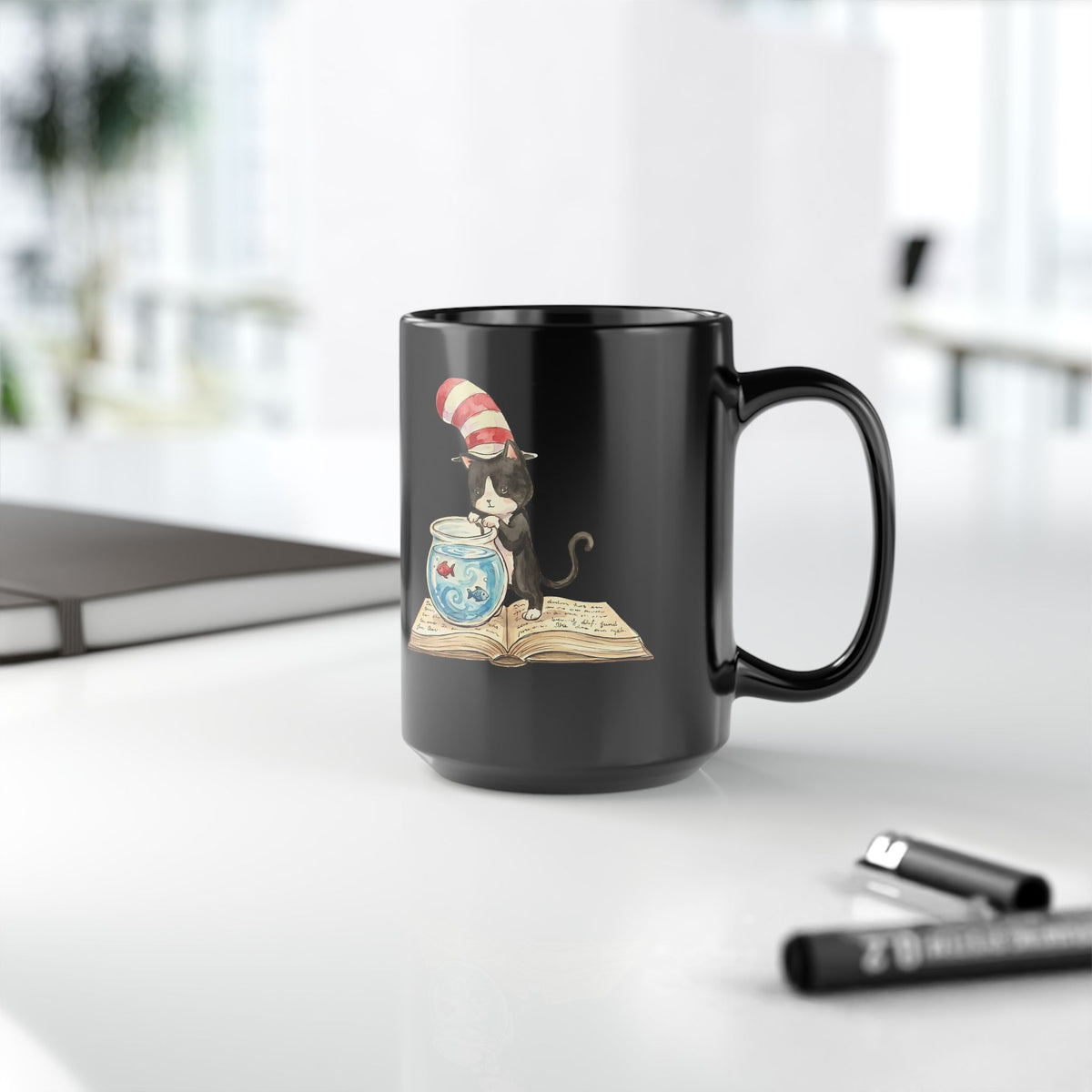 Tuxedo Cat 'Red Fish Blue Fish' Black Mug