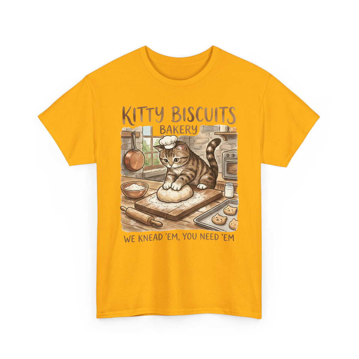 Kitty Biscuits Bakery T-Shirt — "We Knead 'Em We Need 'Em" Cat Bakery Tee
