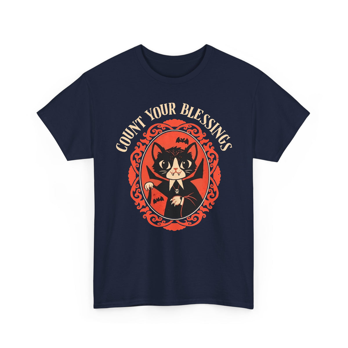 Count Your Blessings Vampire Cat — Funny Dracula Halloween Graphic Art