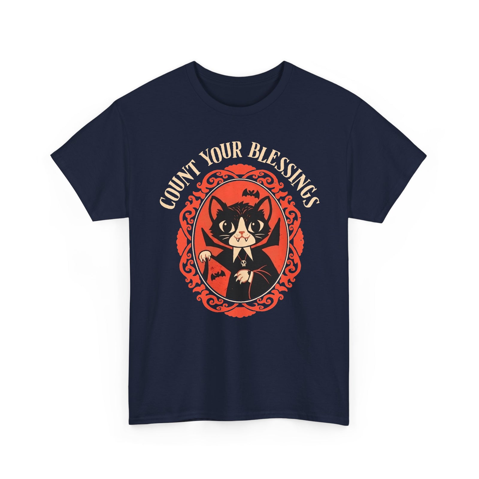 Count Your Blessings Vampire Cat — Funny Dracula Halloween Graphic Art
