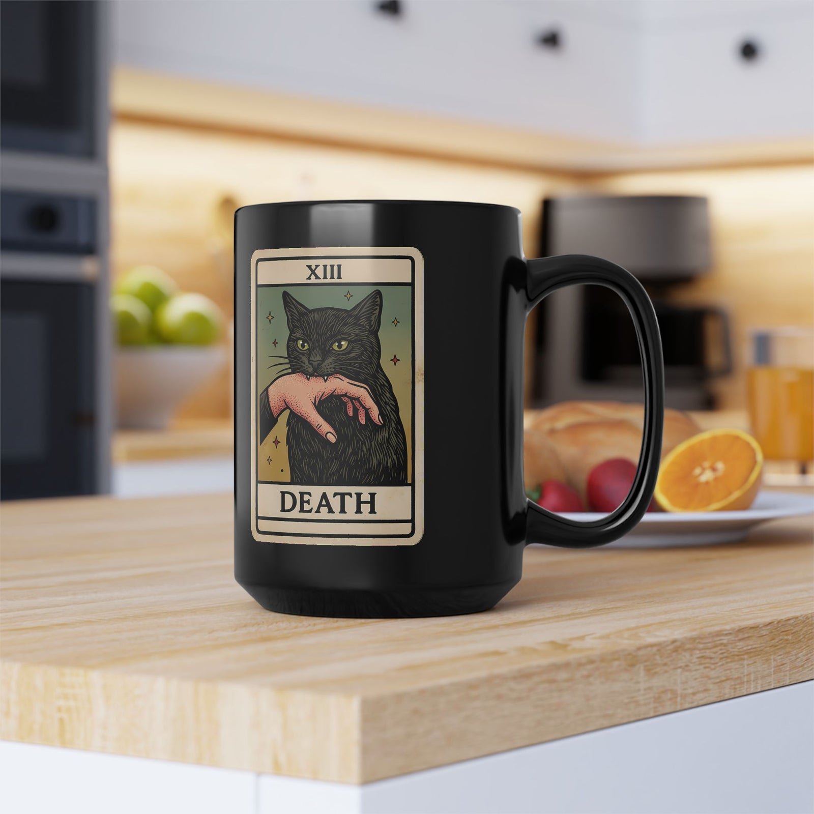 "Death" Tarot Card Black Cat Biting Hand Funny Black Mug