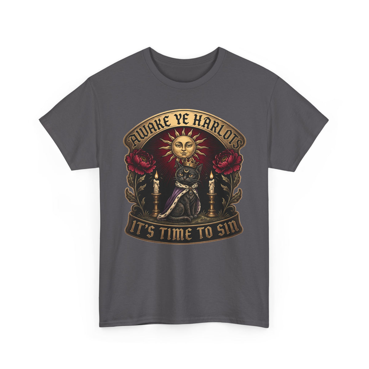 Awake Ye Harlots It's Time To Sin T-Shirt — Mystical Crowned Black Cat Tee