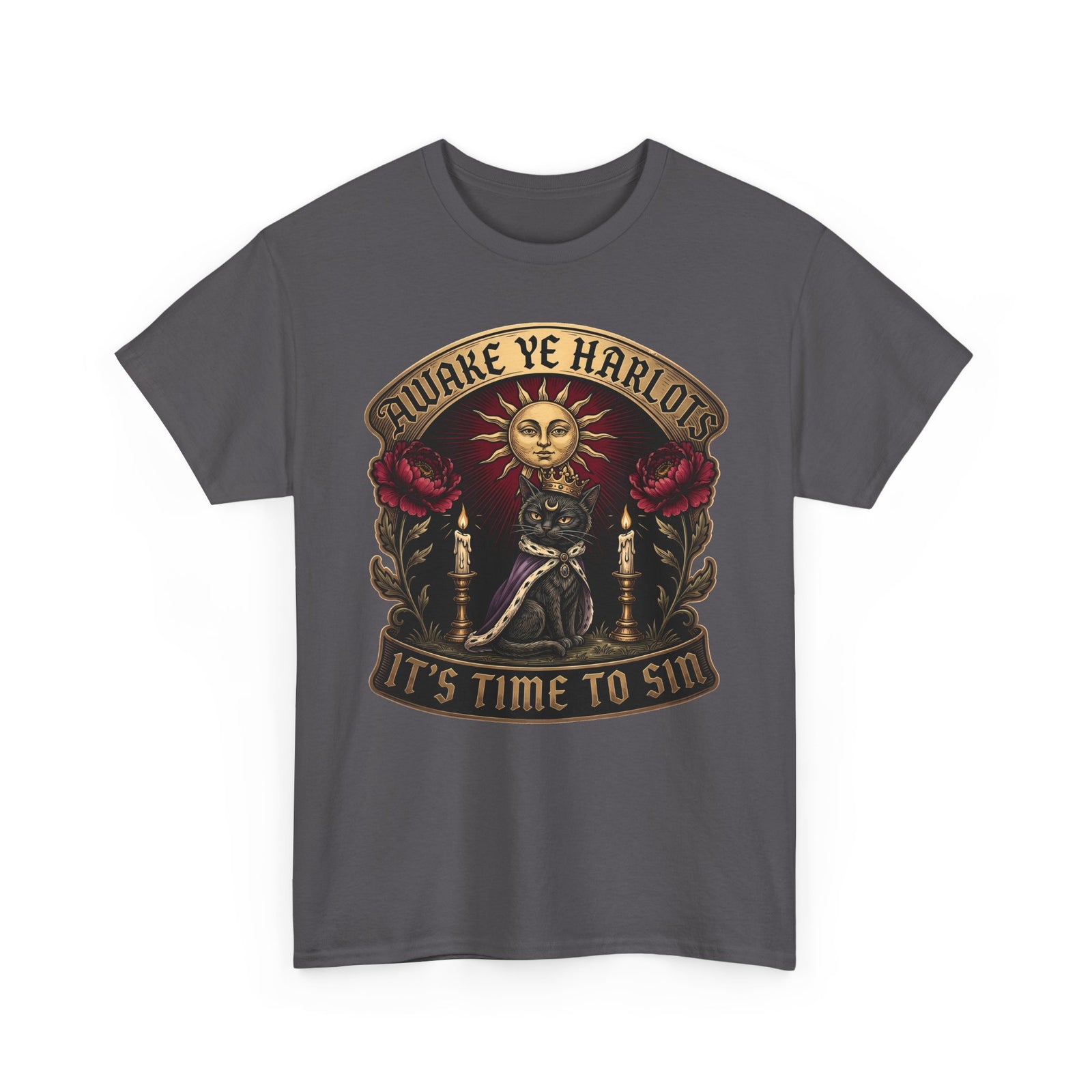 Awake Ye Harlots It's Time To Sin T-Shirt — Mystical Crowned Black Cat Tee