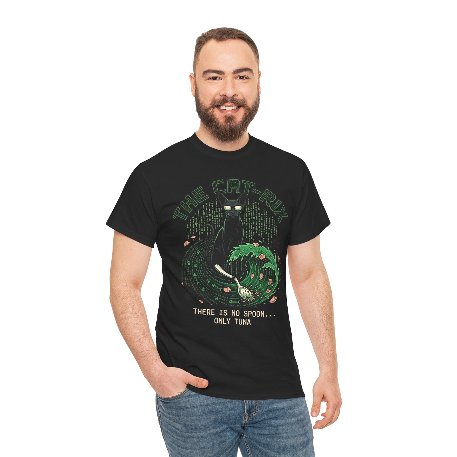 Cat T-Shirt — "There Is No Spoon... Only Tuna" Retro Wave Graphic Tee