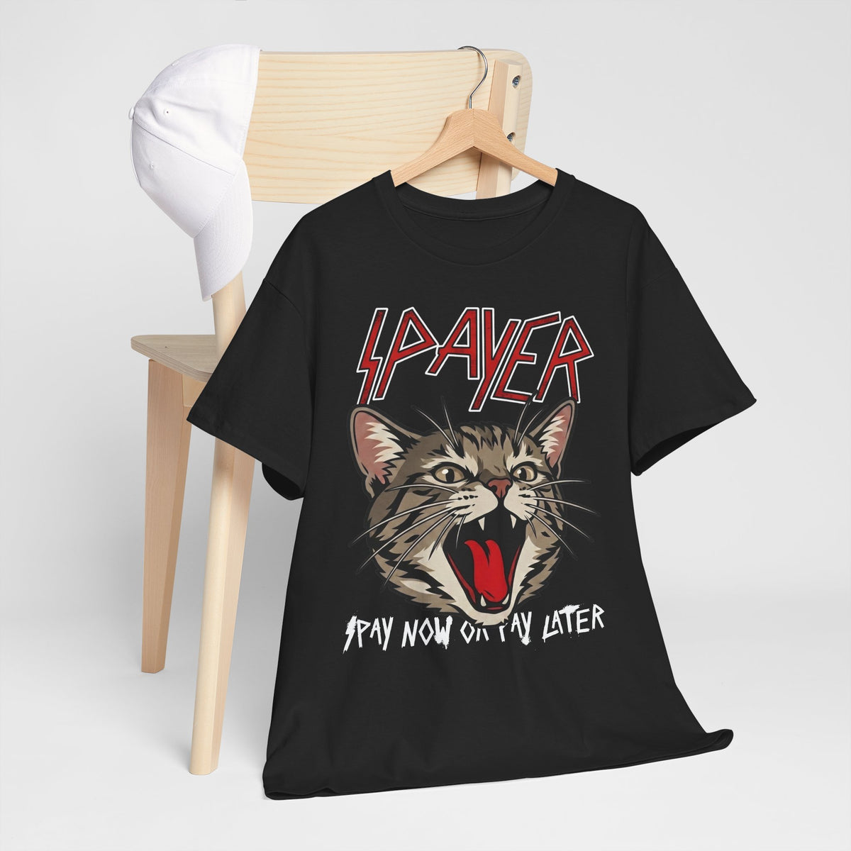 Slayer Cat Graphic Tee — "Pray Now Or Pay Later" Rock Band Style T-Shirt