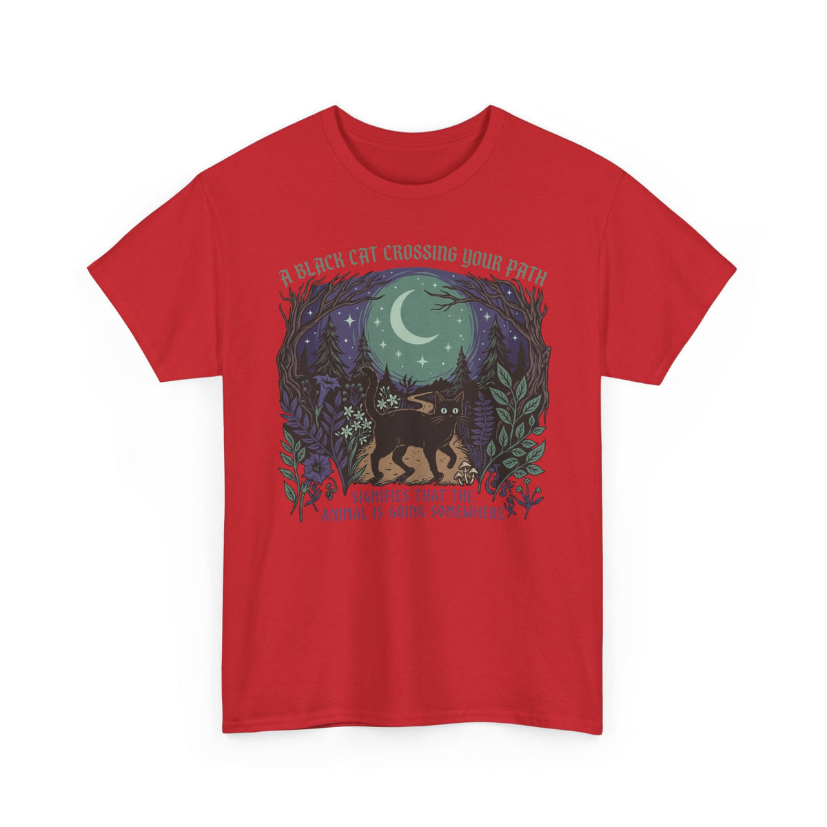 Black Cat Crossing Your Path Tee — Whimsical Moonlit Forest Cat Shirt