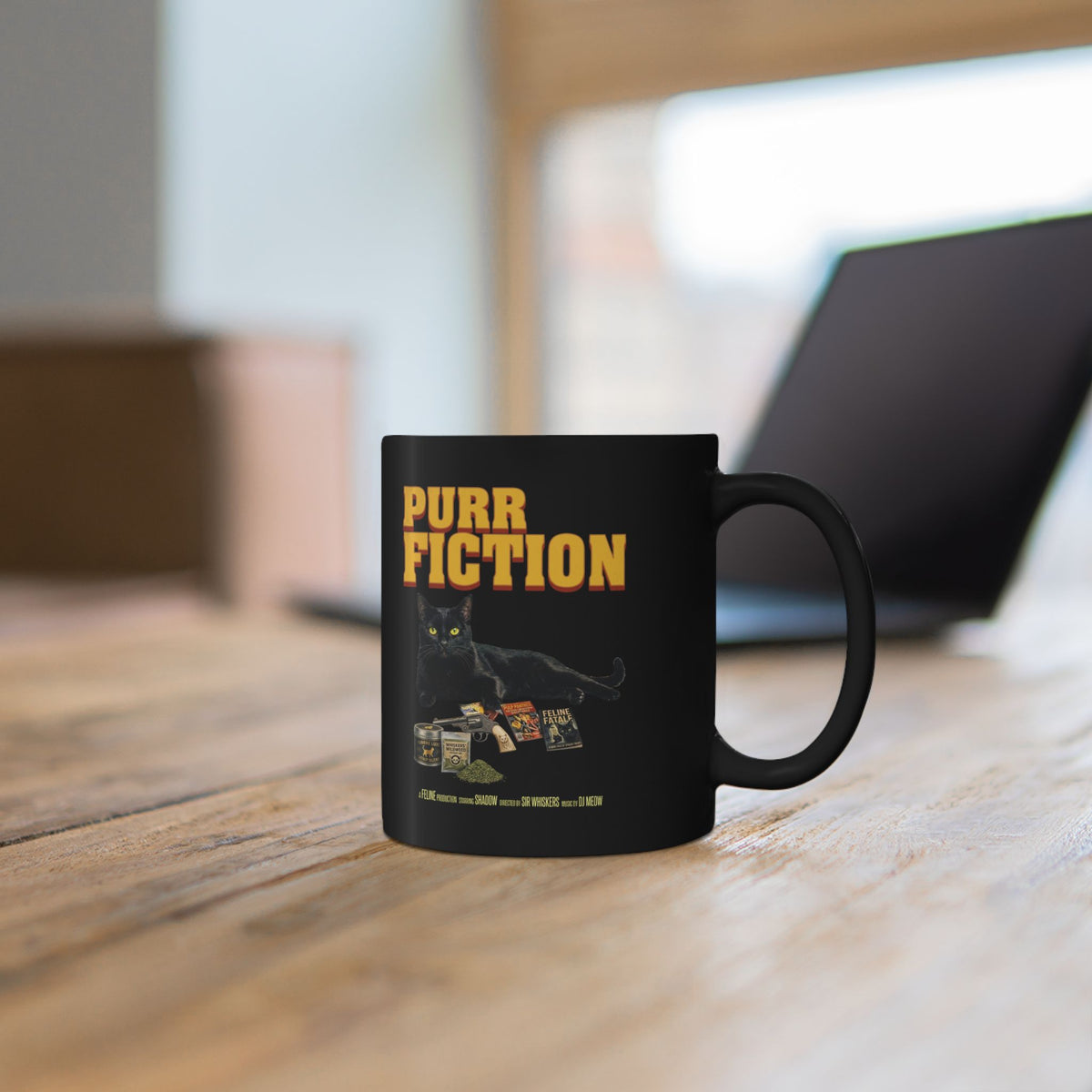 Purr Fiction Cat Parody Black Mug