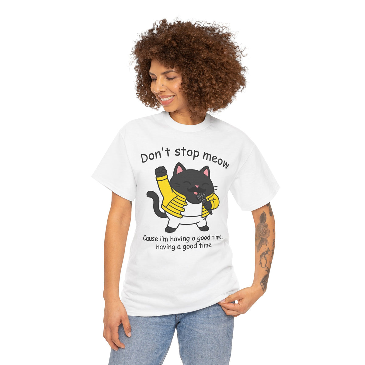 Cat T‑Shirt — "Don't Stop Meow" Cute Black Cat Singing Graphic Tee