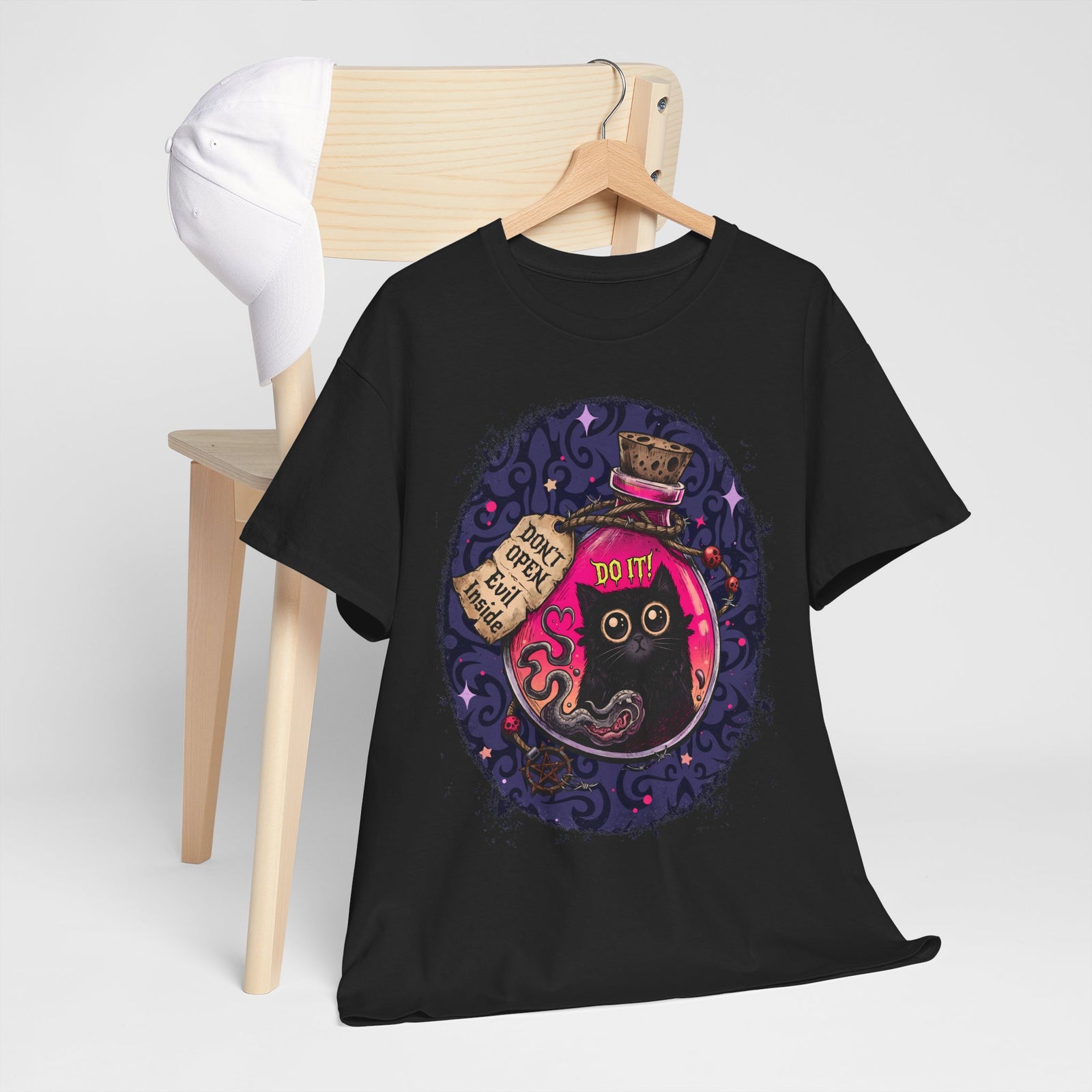 Don't Open Evil Inside Potion Cat T-Shirt — Creepy Cute Black Cat Tee
