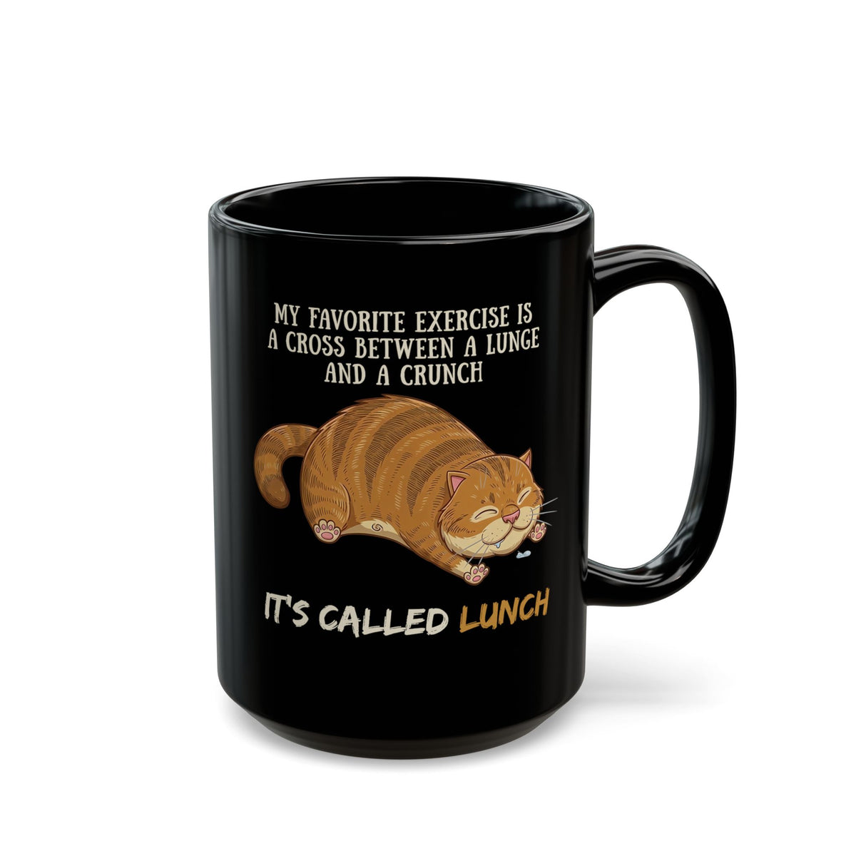 Funny Workout Cat Black Mug — "Lunge Crunch Lunch"