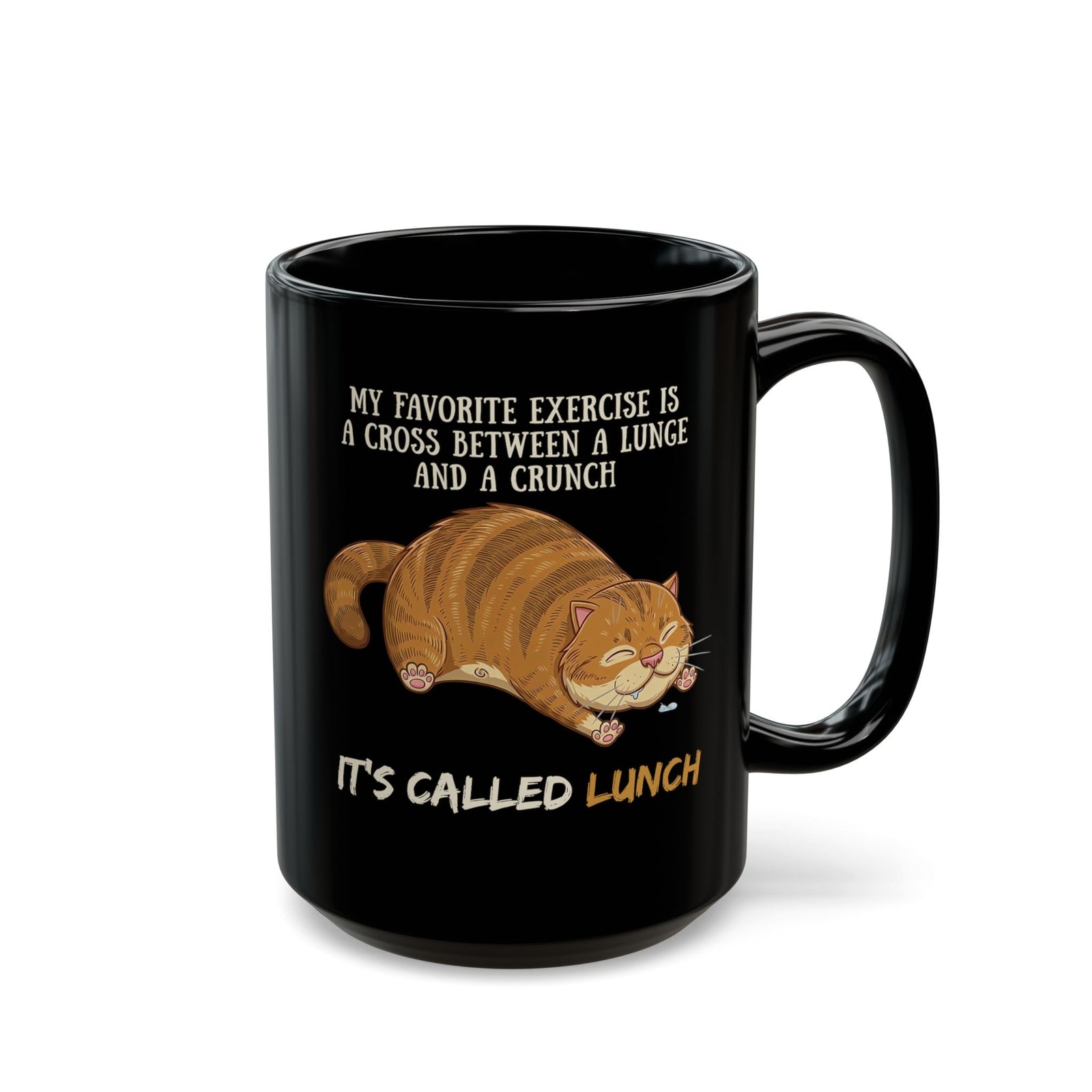 Funny Workout Cat Black Mug — "Lunge Crunch Lunch"