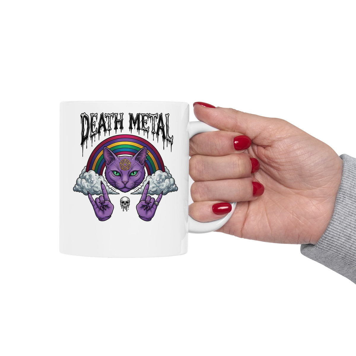 Death Metal Cat Ceramic Mug — Gothic Black Cat Mug for Metal Fans