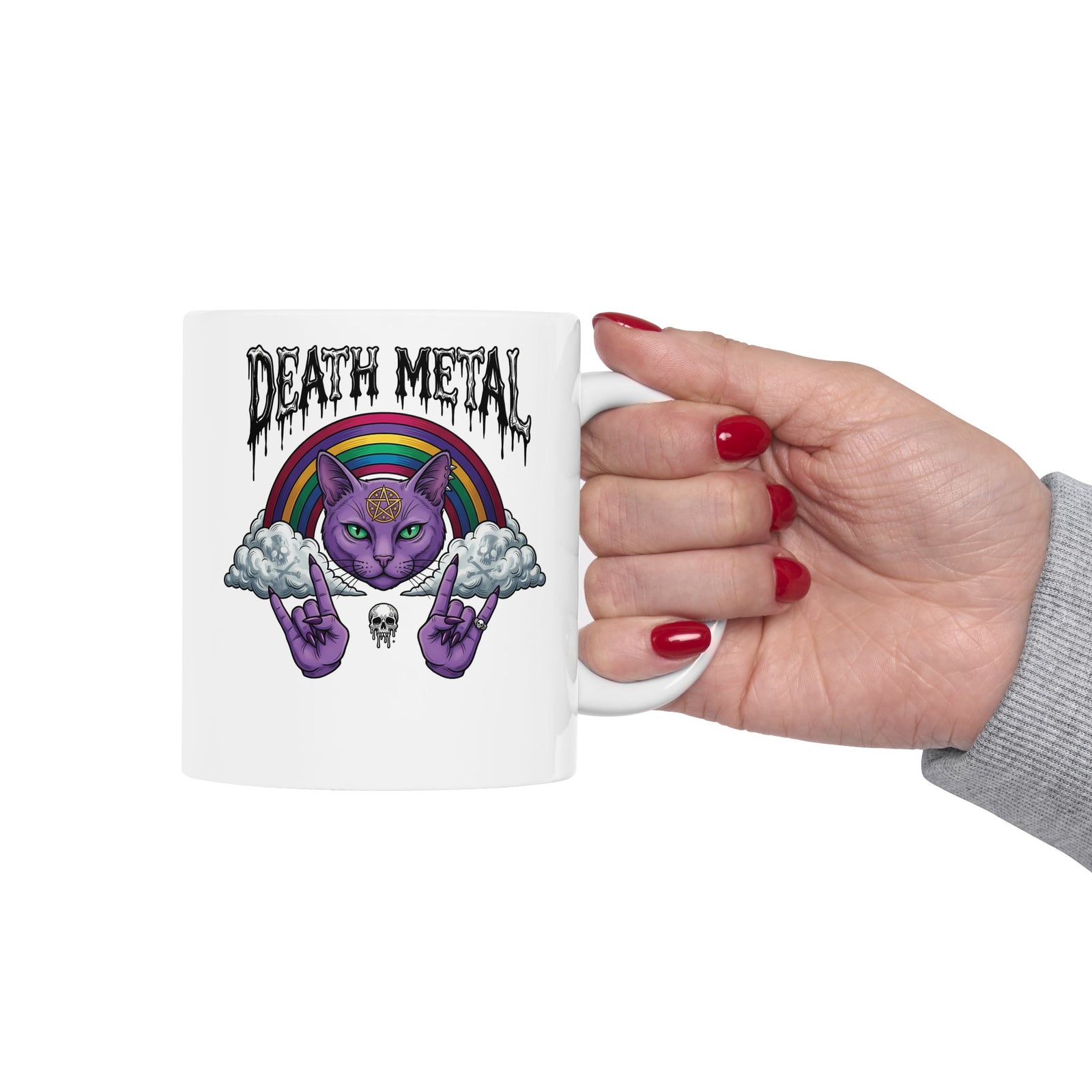 Death Metal Cat Ceramic Mug — Gothic Black Cat Mug for Metal Fans