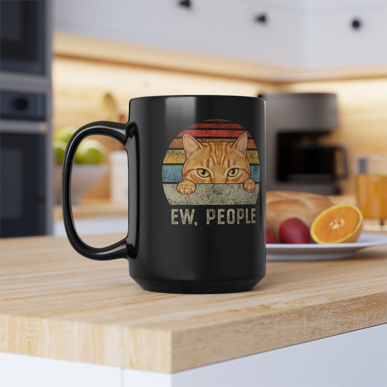 Ew People Orange Cat Black Mug — Funny Retro Sunset Introvert Graphic Mug