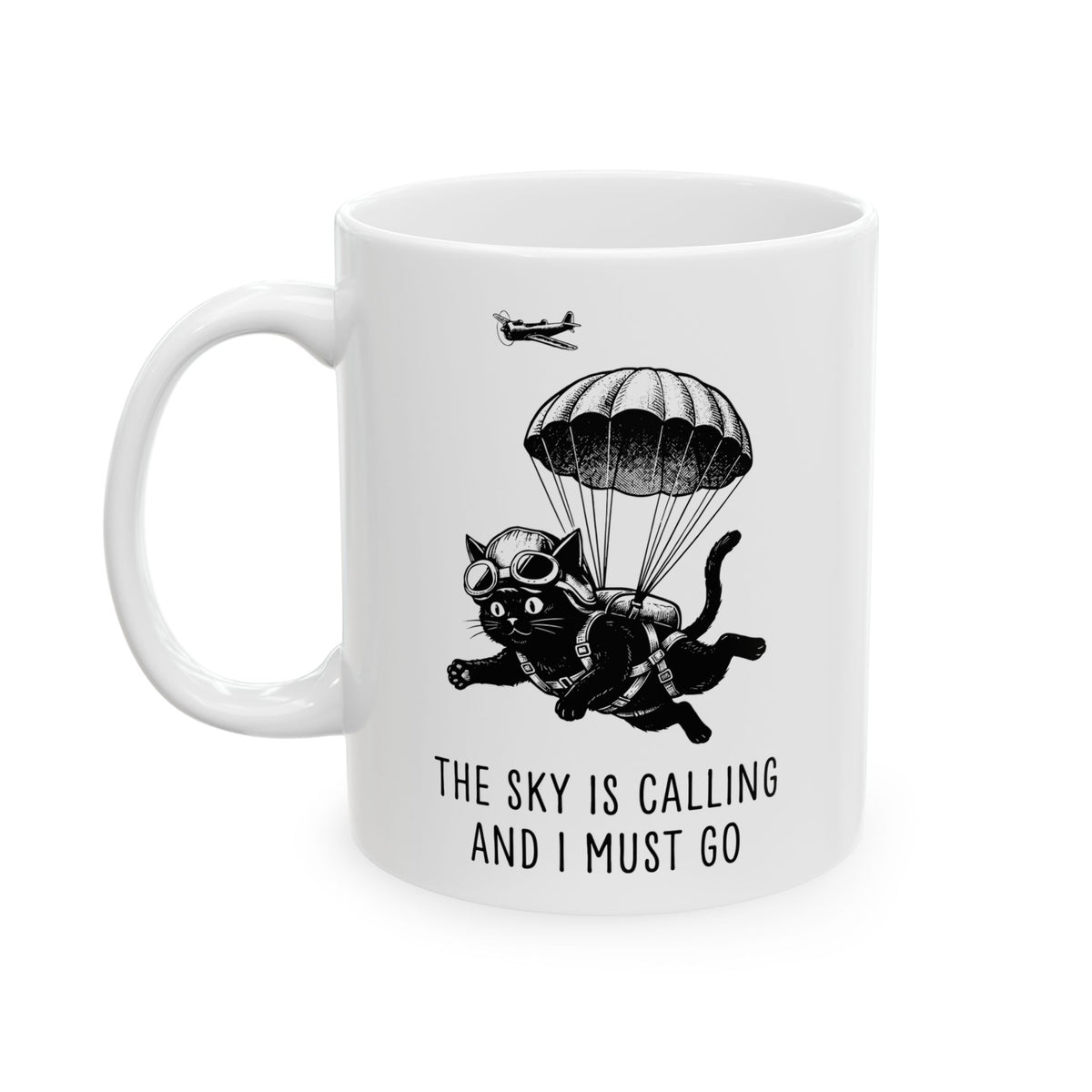 The Sky Is Calling And I Must Go Ceramic Mug — Funny Parachuting Black Cat Mug