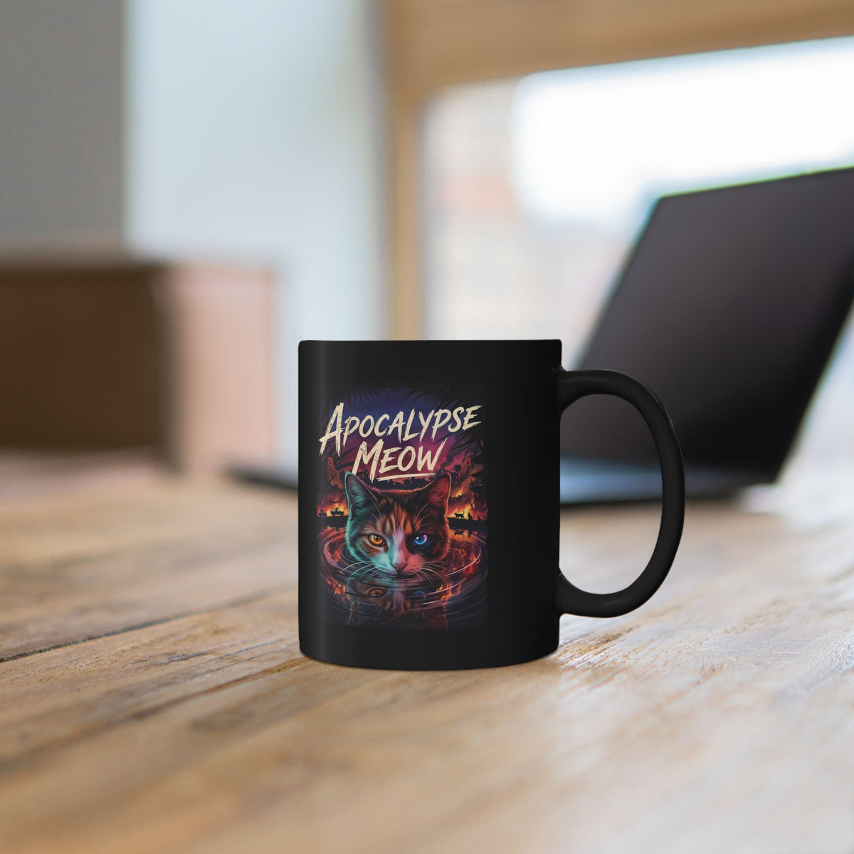 Apocalypse Meow Black Mug — Cute Post-Apocalyptic Cat Graphic Mug