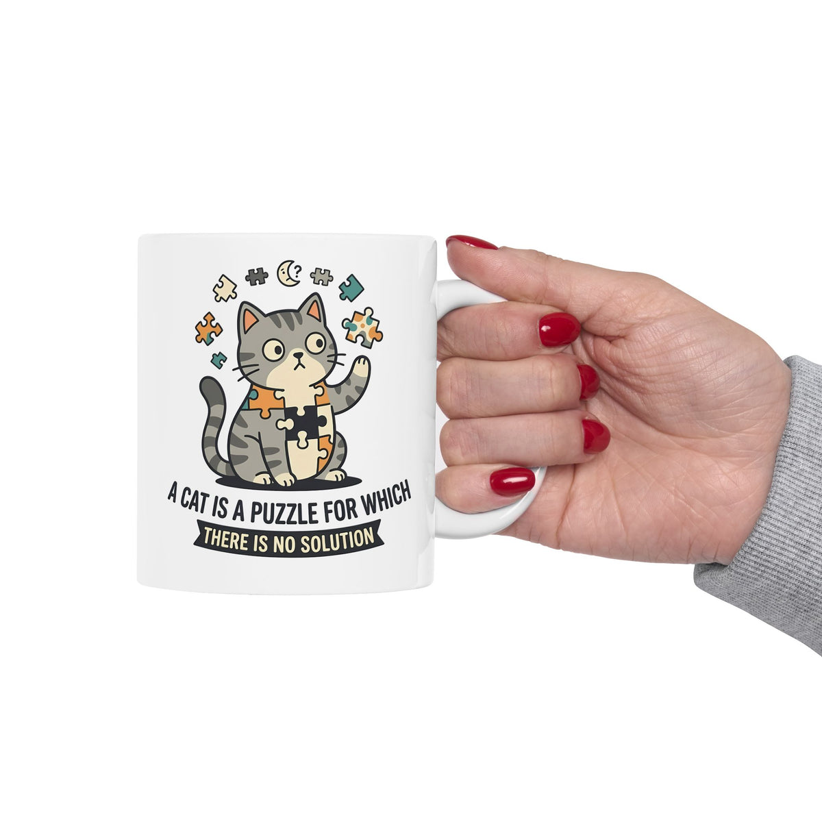 Cat Puzzle Ceramic Mug — "A Cat Is a Puzzle for Which There Is No Solution"