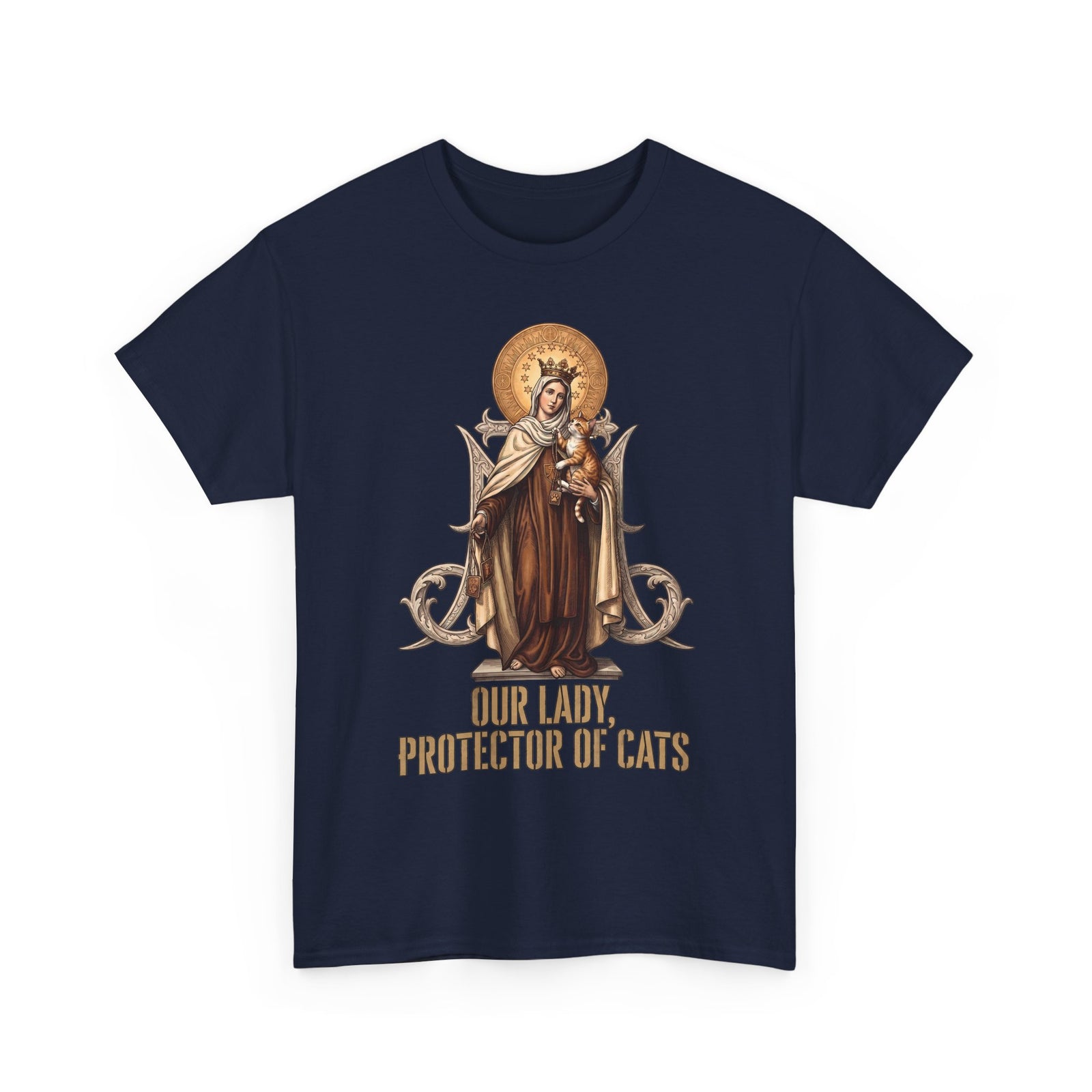 Our Lady Protector Of Cats T-Shirt — Sacred Feline Religious Parody Tee