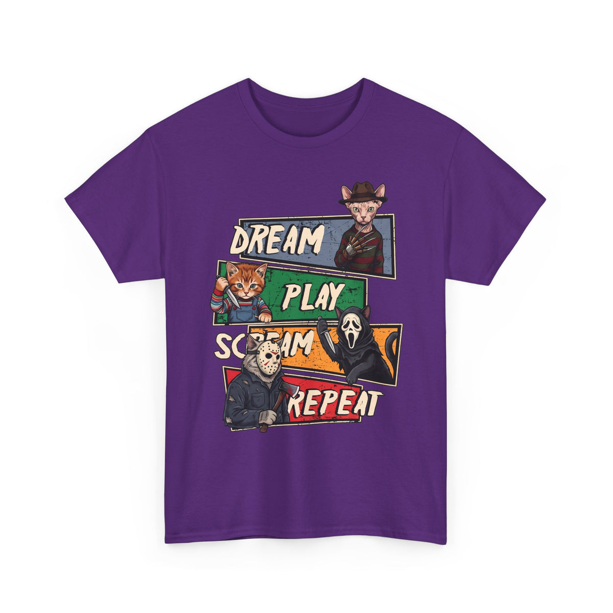 Dream Play Scream Repeat Horror Cats T-Shirt — Slasher Movie Icons Tee