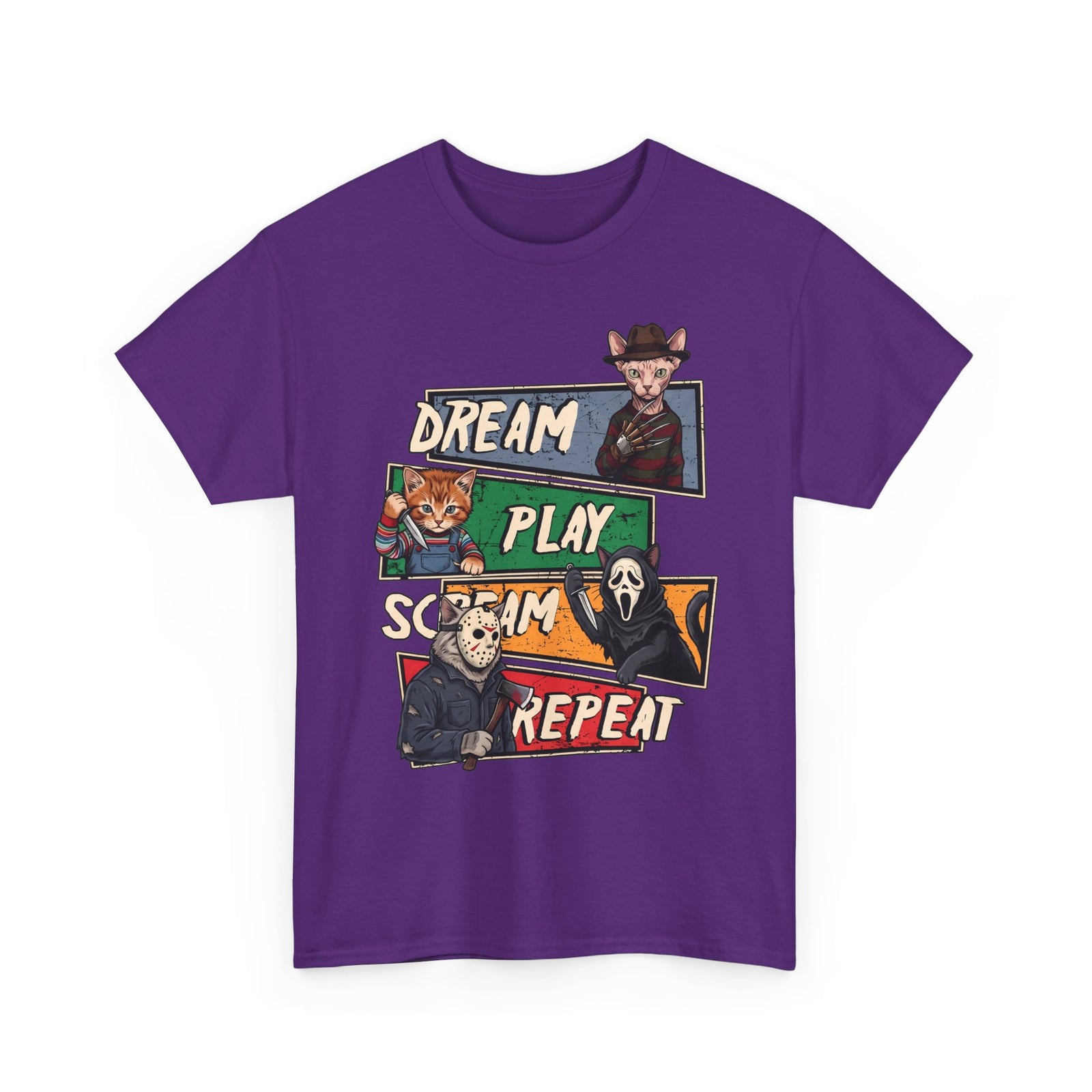 Dream Play Scream Repeat Horror Cats T-Shirt — Slasher Movie Icons Tee