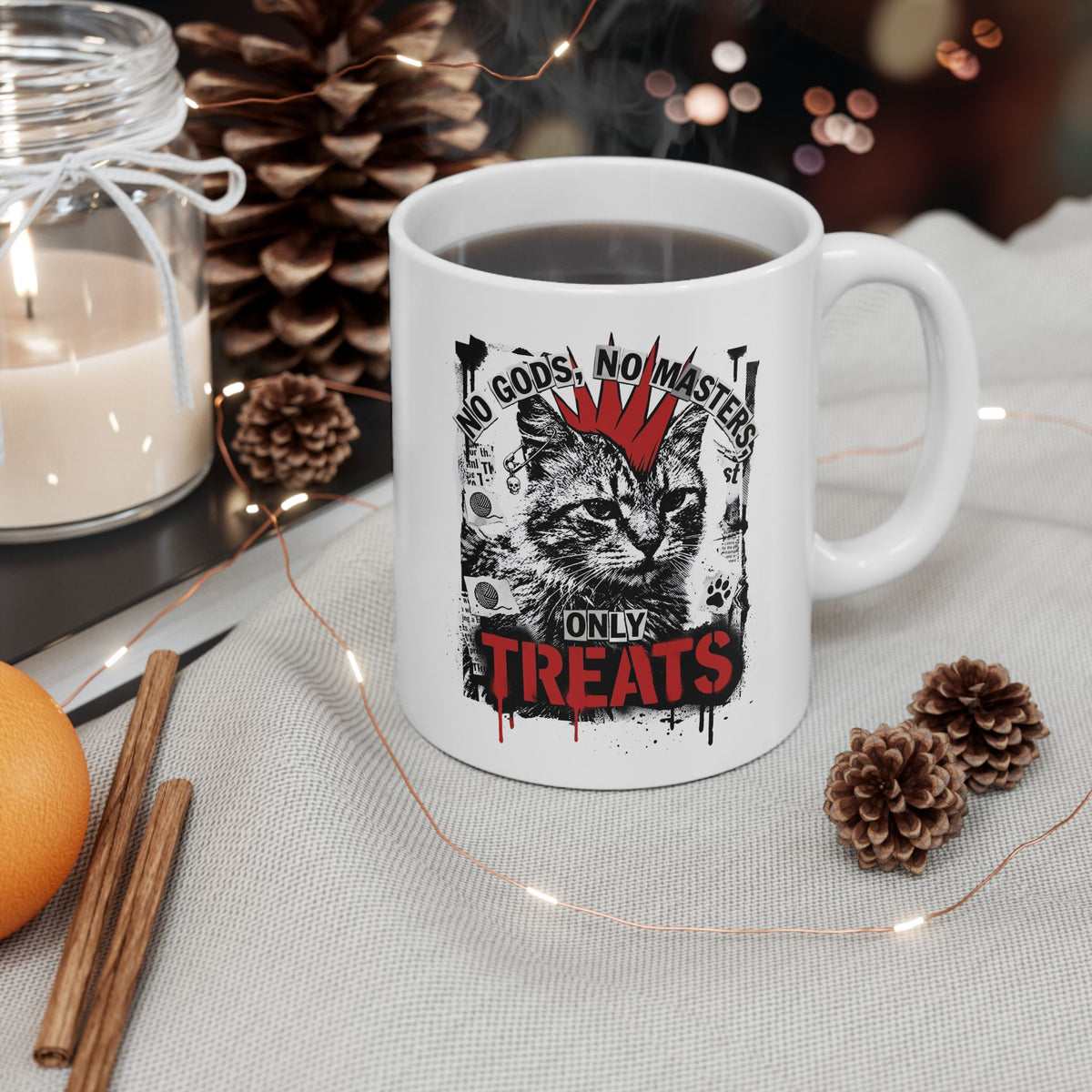 Punk Cat Mug — “No Gods No Masters, Only Treat” Graphic Ceramic Mug