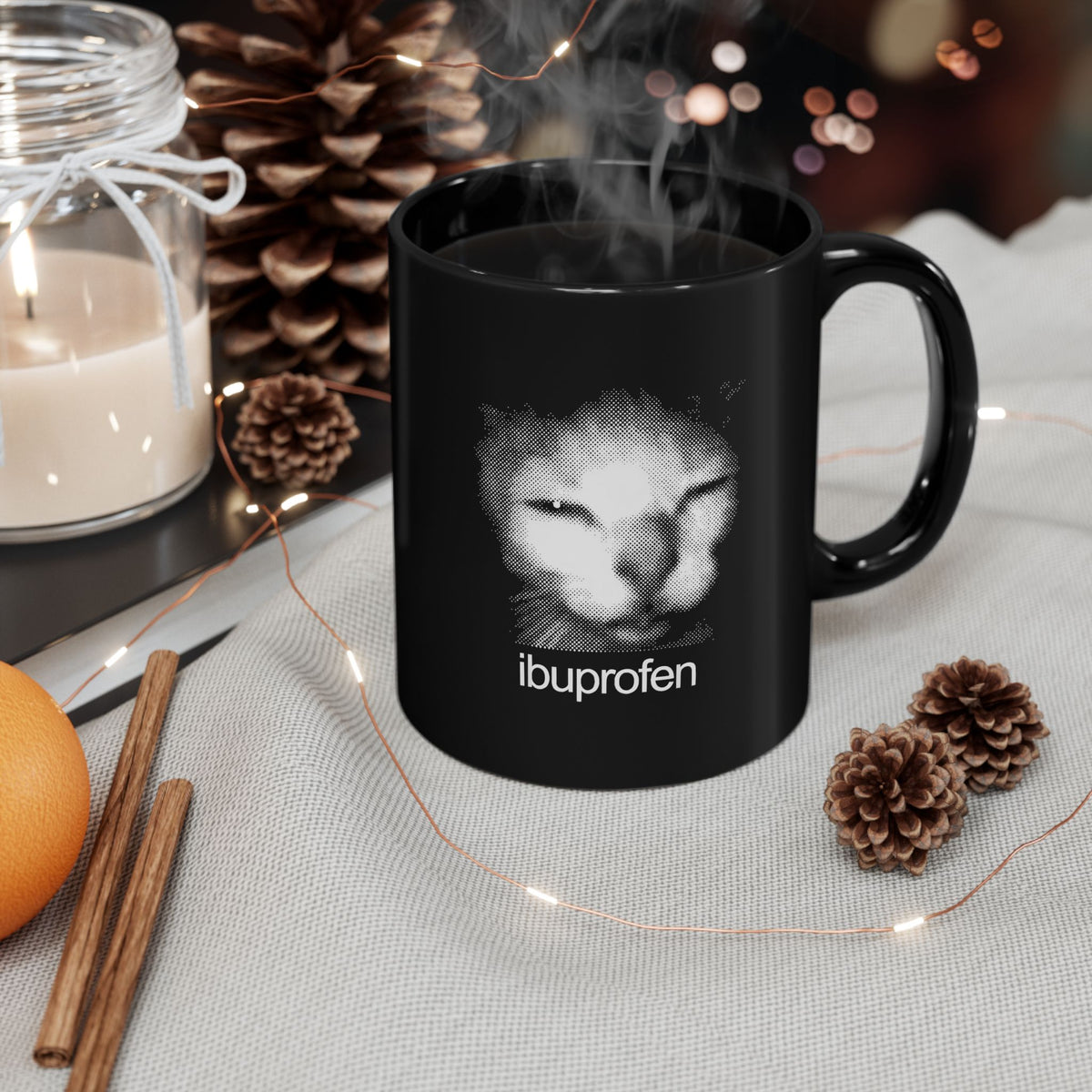 Funny Cat Meme Ibuprofen Black Mug Humorous Pain Relief Graphic Mug
