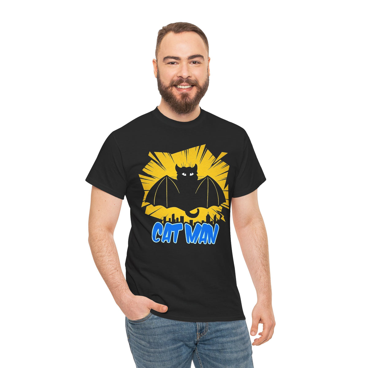 Cat Man T-Shirt — Funny Bat Cat Graphic Tee for Cat Lovers