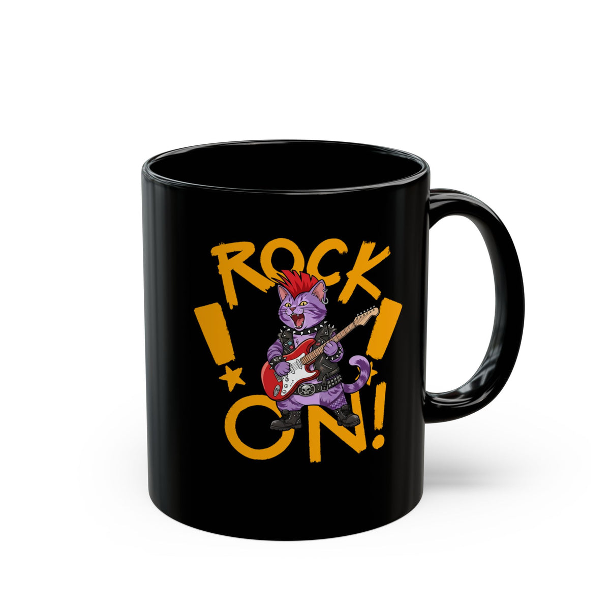 Rock On Punk Rock Cat Black Mug — Purple Feline Mohawk Electric Guitar Mug