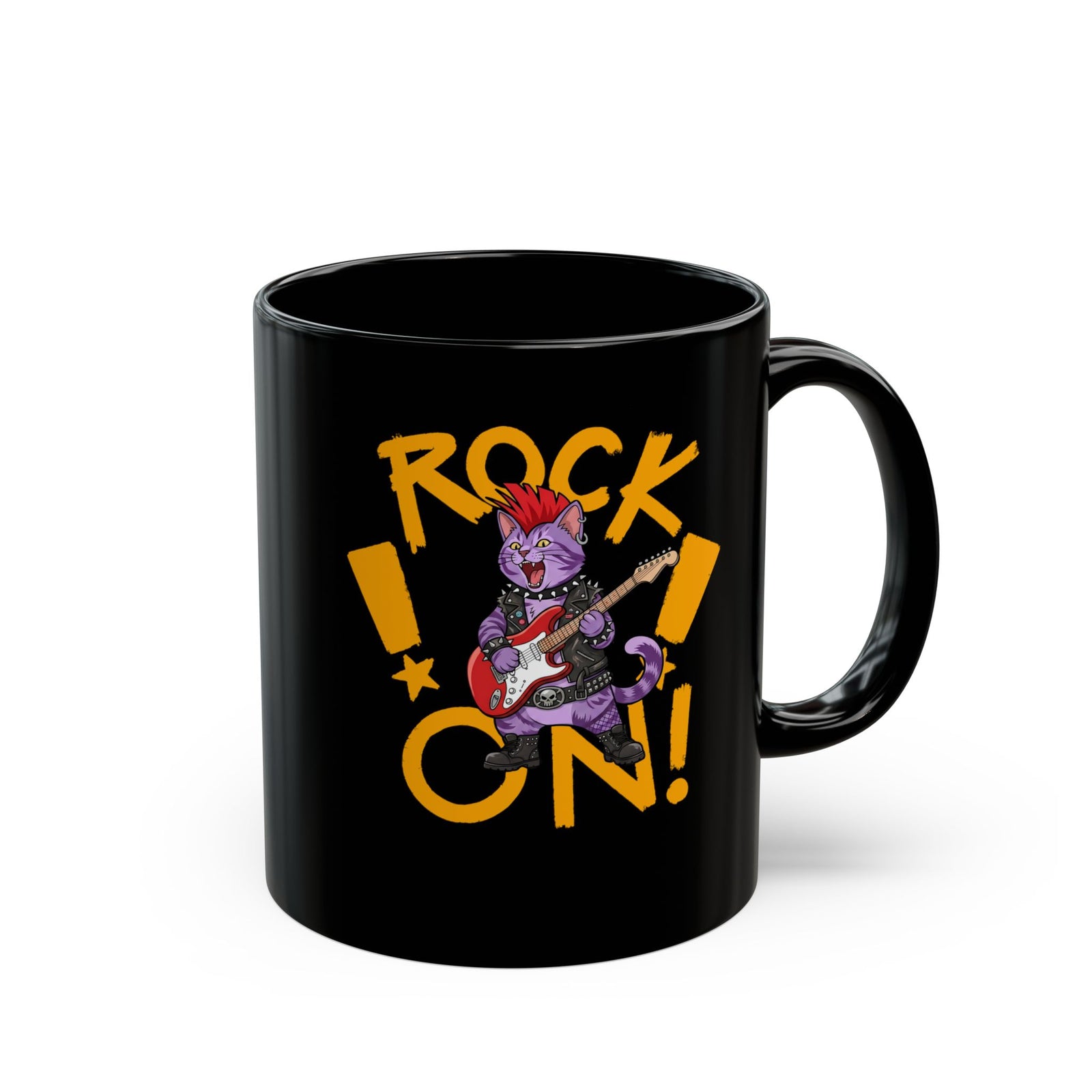 Rock On Punk Rock Cat Black Mug — Purple Feline Mohawk Electric Guitar Mug