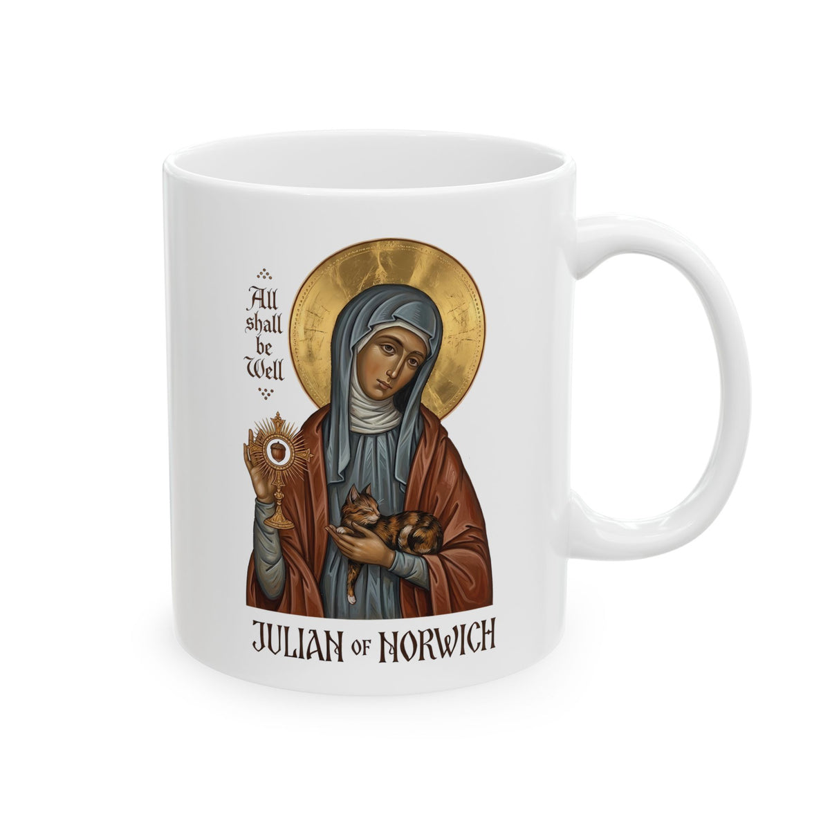 Julian of Norwich & Cat Ceramic Mug — Spiritual Saint Mug for Cat Lovers