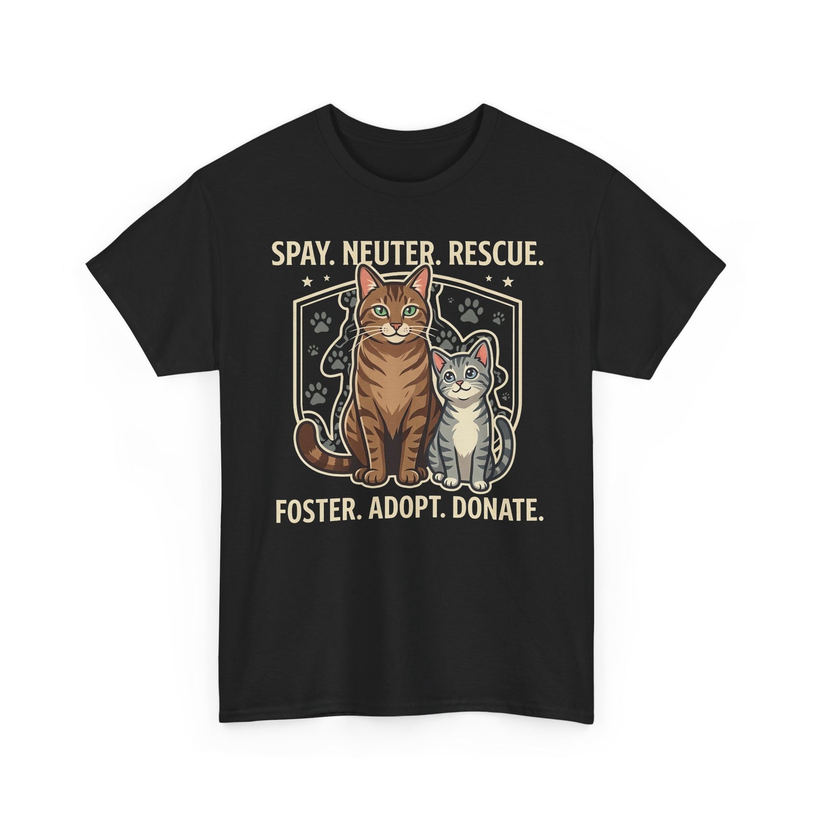 Cat Rescue T-Shirt - "Spay. Neuter. Rescue. Foster. Adopt. Donate." Animal Shelter Support Tee