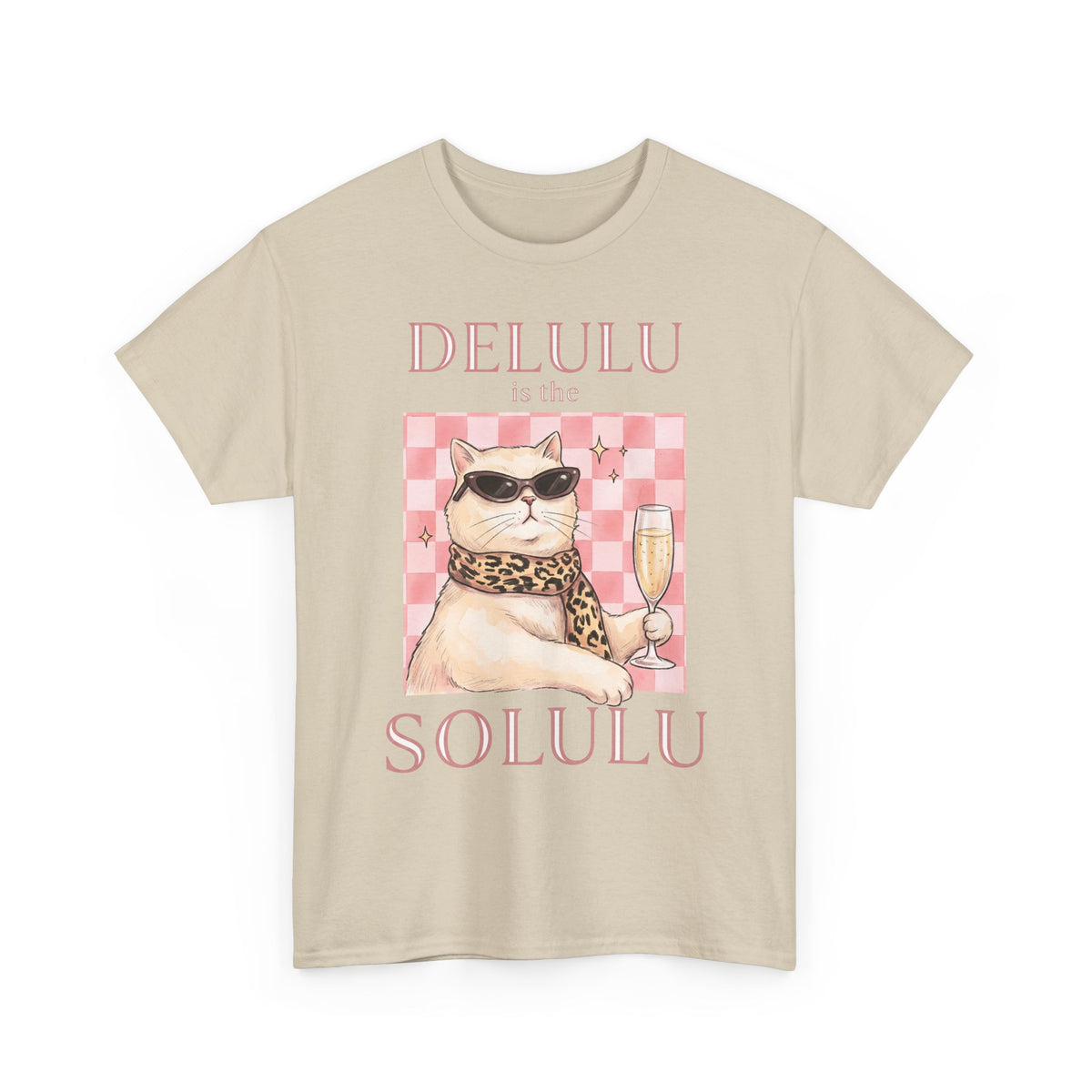 Delulu Is The Solulu T-Shirt — Funny Sassy Cat Champagne Graphic Tee