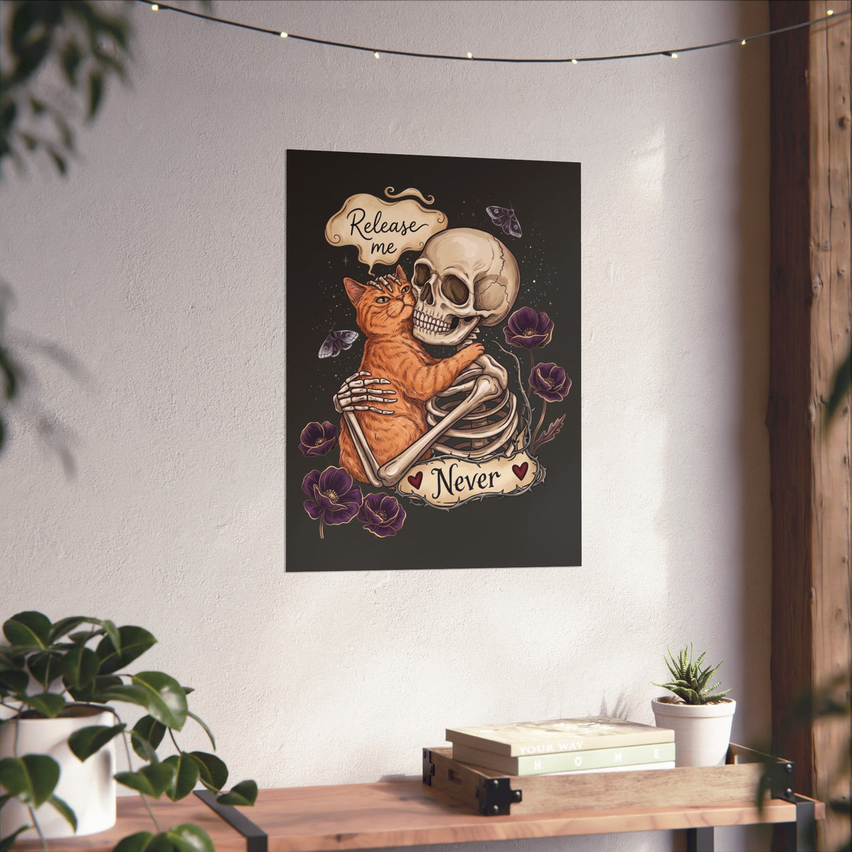 Funny Clingy Skeleton & Cat Poster — Dark Aesthetic Cat Poster