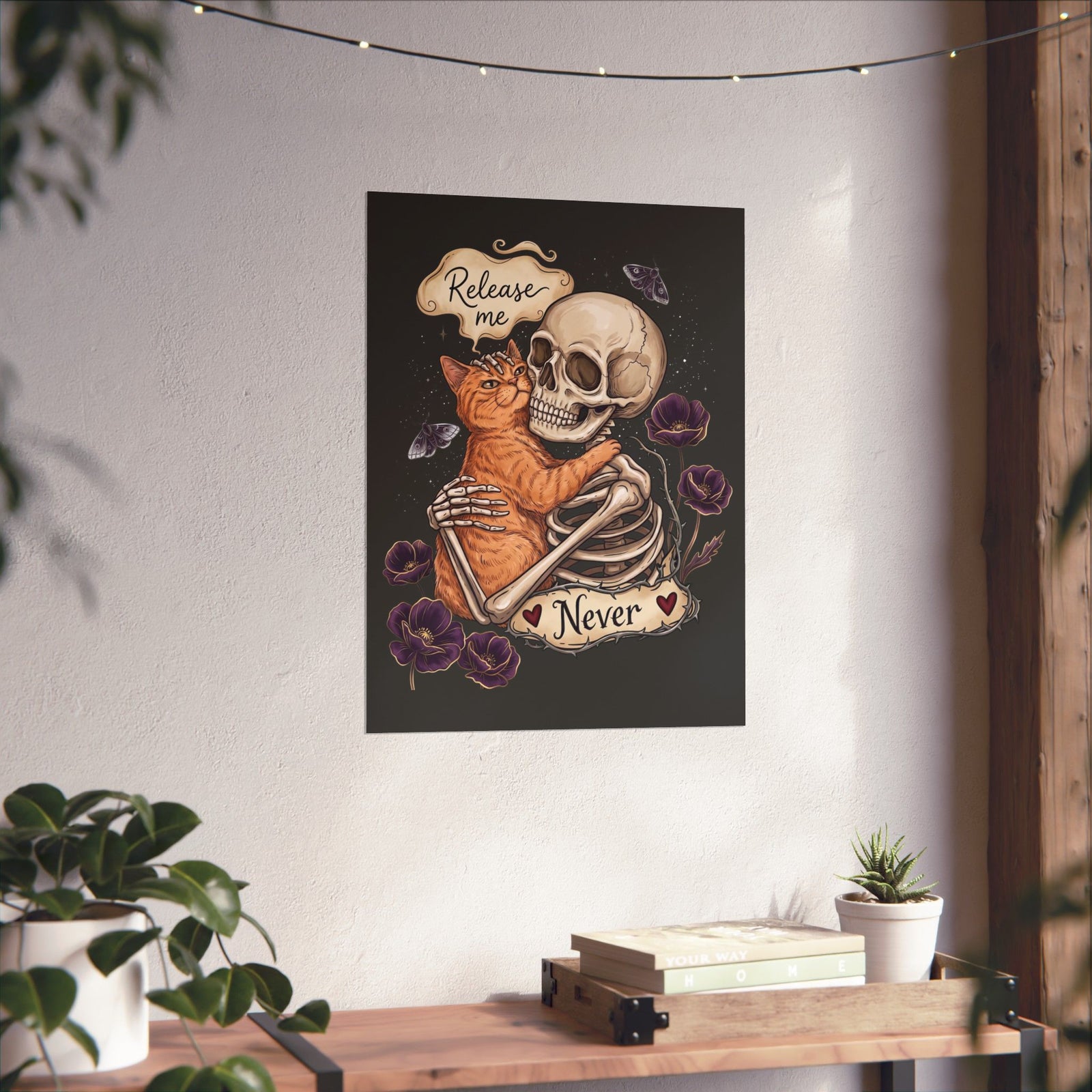 Funny Clingy Skeleton & Cat Poster — Dark Aesthetic Cat Poster