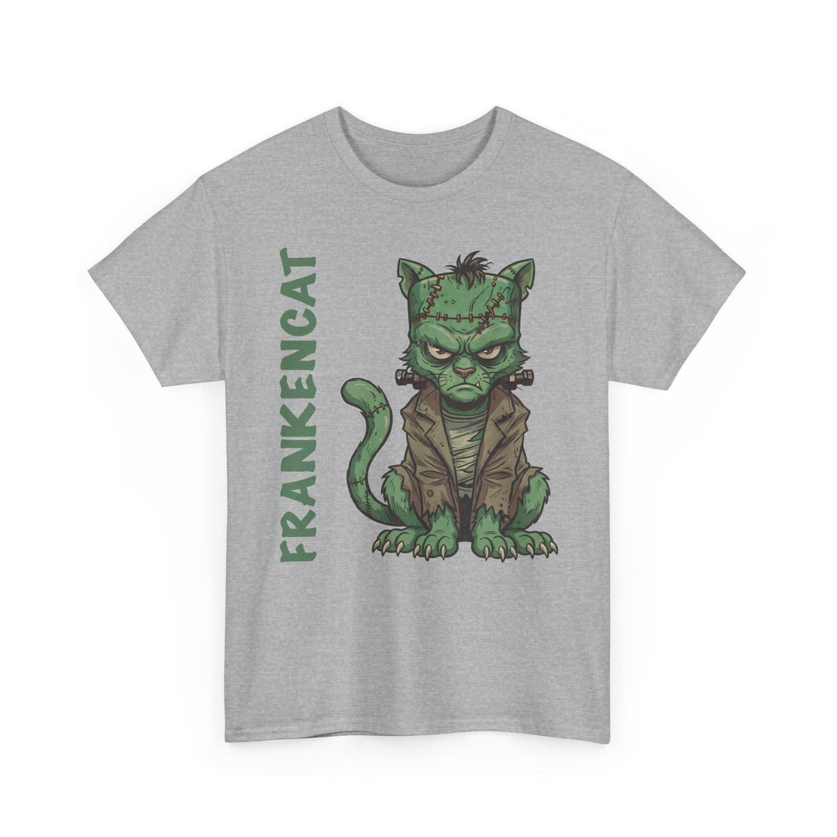 Funny Frankencat Halloween T-Shirt — Green Monster Cat Graphic Apparel
