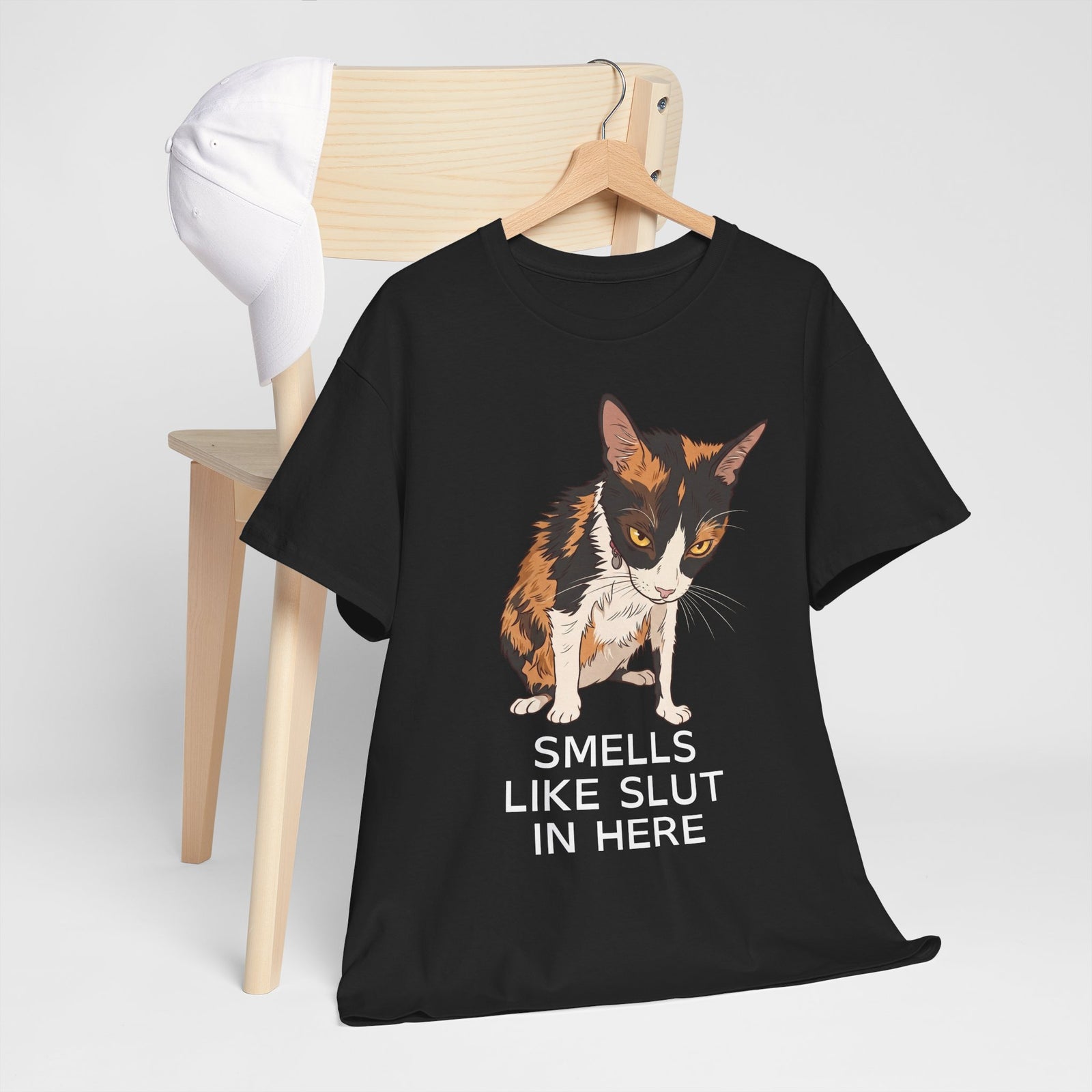 Smells Like Slut In Here T-Shirt — Funny Grumpy Calico Cat Meme Tee