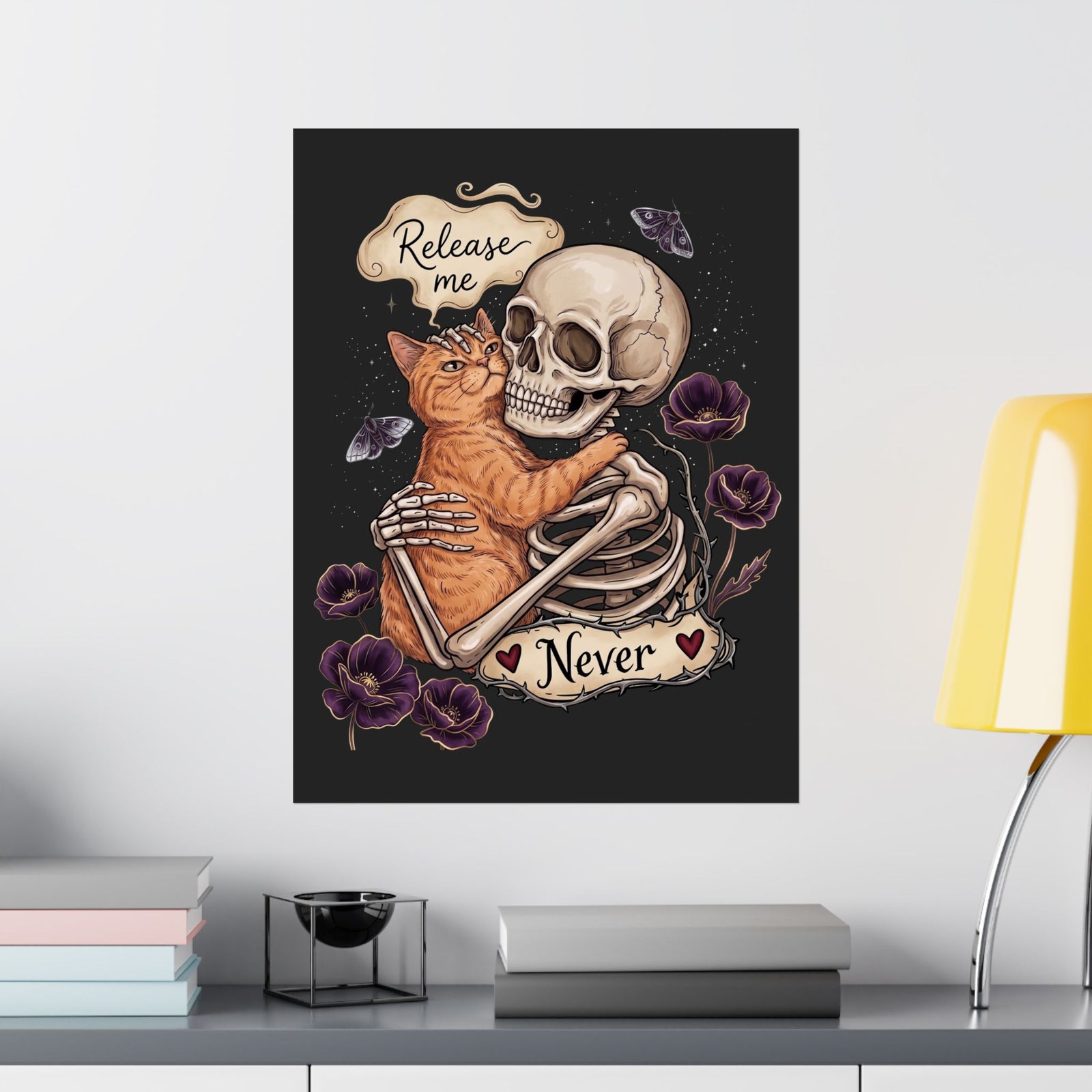Funny Clingy Skeleton & Cat Poster — Dark Aesthetic Cat Poster