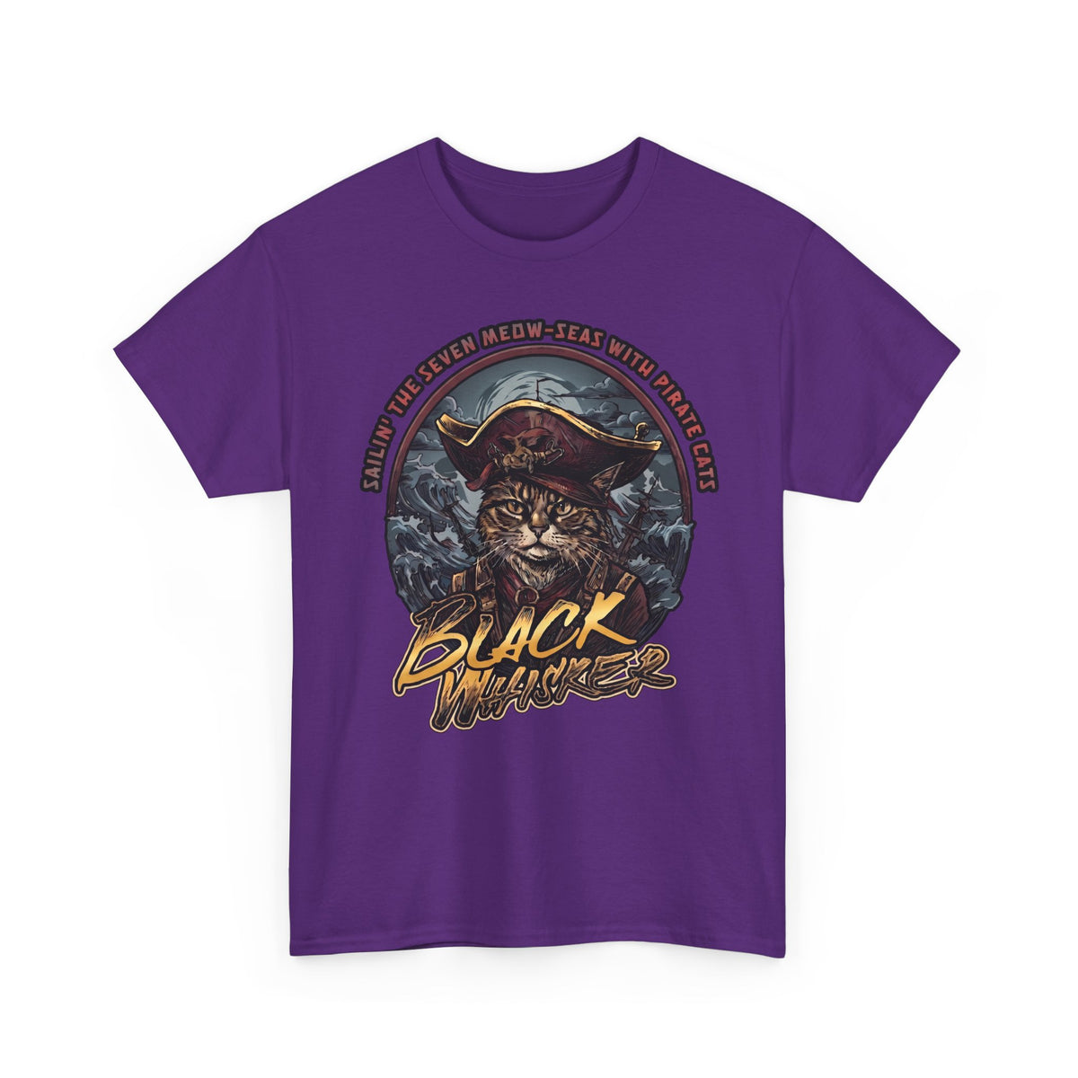Black Whisker Pirate Cat T-Shirt — Funny Nautical Seven Meow-Seas Tee