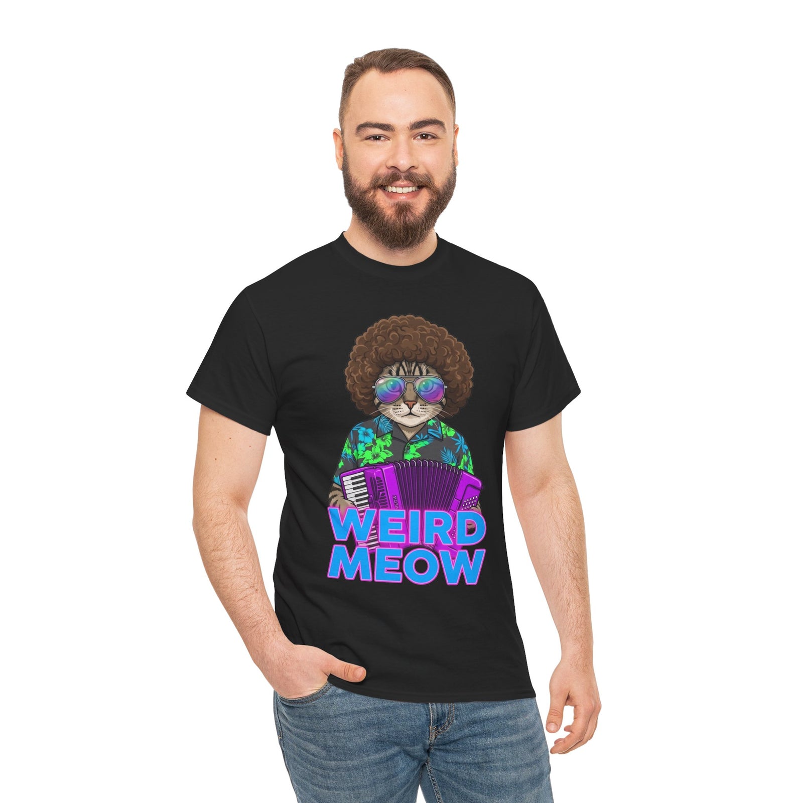 Weird Meow Cat T-Shirt — Retro Disco Cat with Accordion
