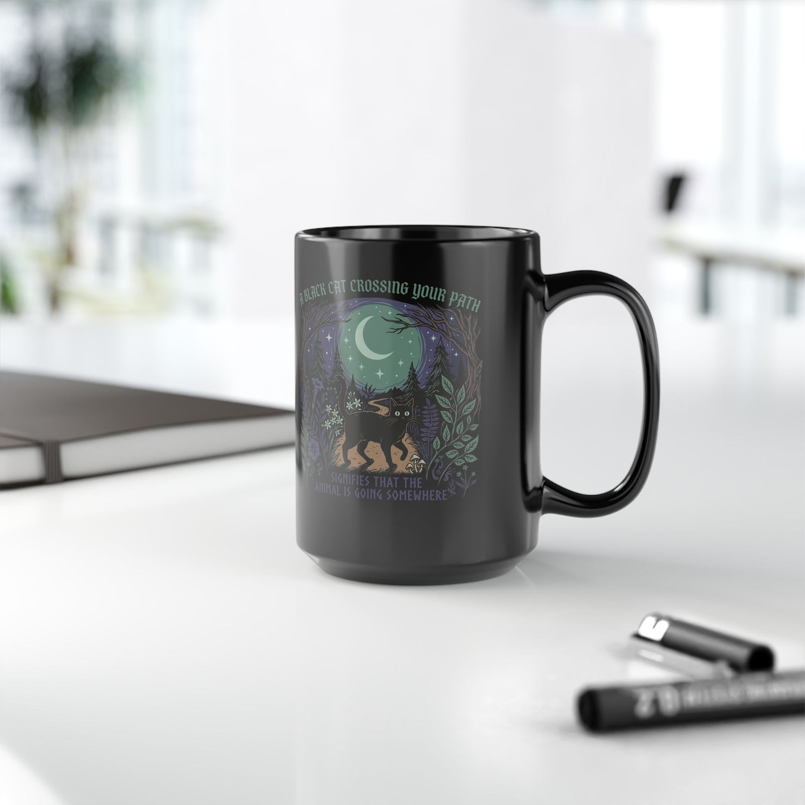 Black Cat Crossing Your Path Mug — Whimsical Moonlit Forest Cat Mug