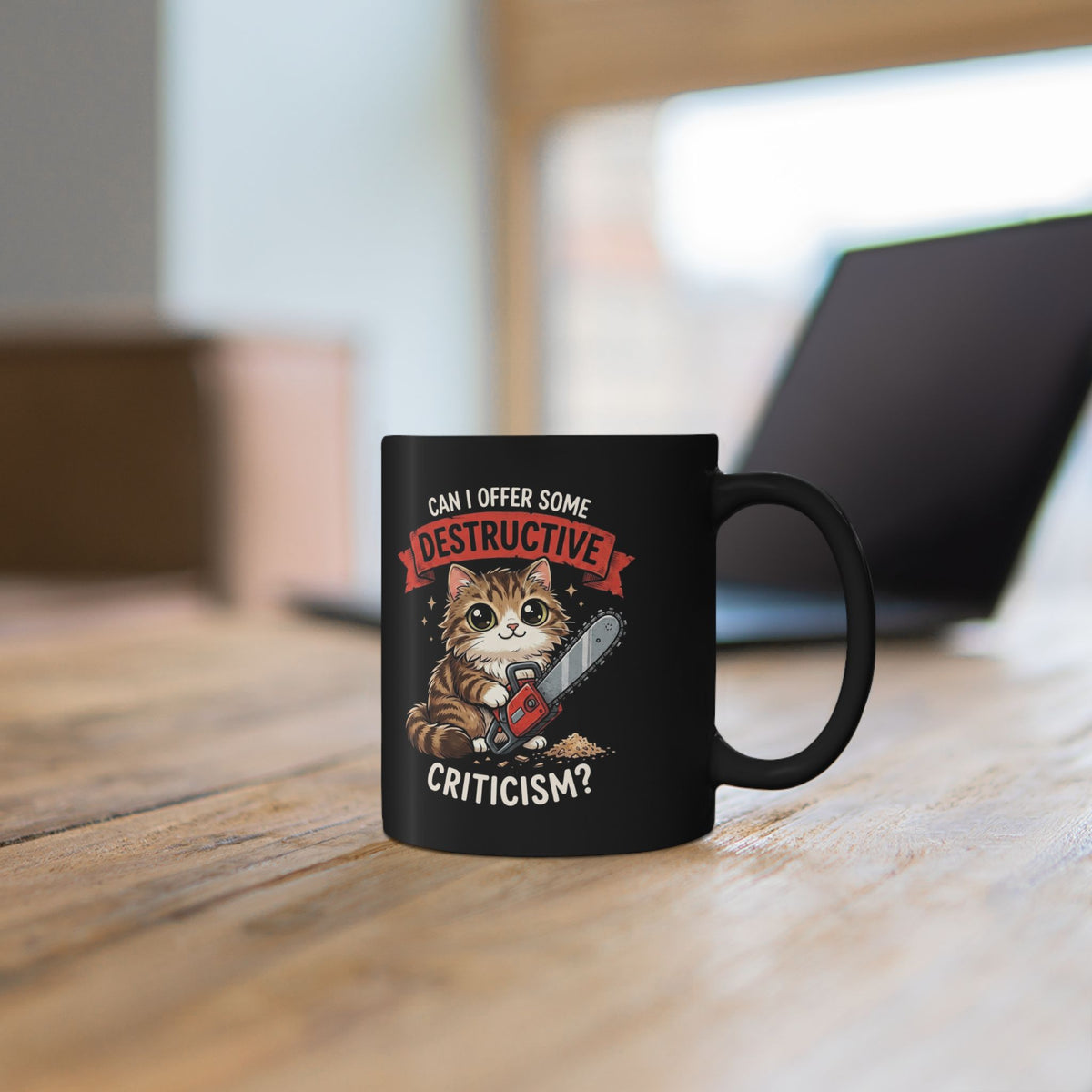 Funny Chainsaw Cat Black Mug Graphic Cat with Chainsaw Mug
