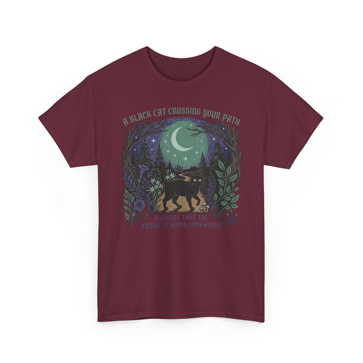 Black Cat Crossing Your Path Tee — Whimsical Moonlit Forest Cat Shirt