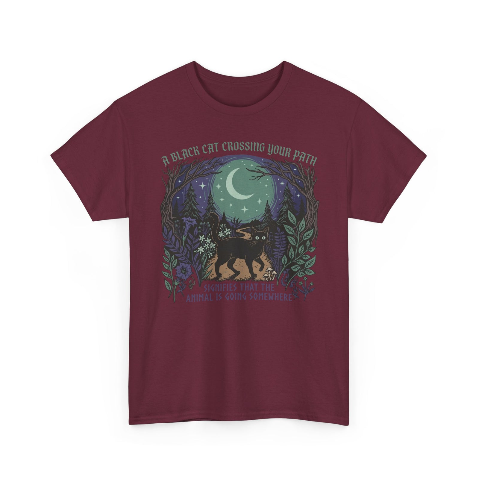 Black Cat Crossing Your Path Tee — Whimsical Moonlit Forest Cat Shirt